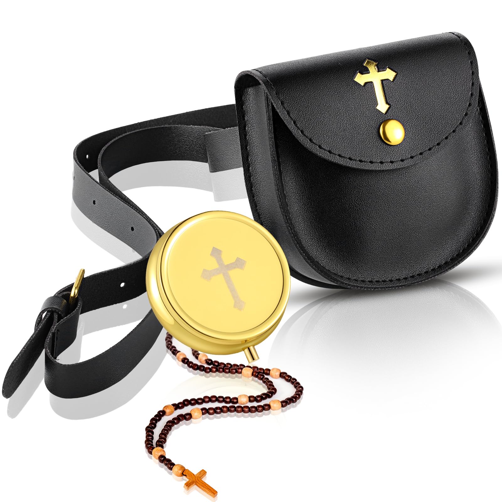 Huhumy 2 Pcs Pyx for Communion Host Catholic Leather Pyx Burse Cross Gold Toned Case Catholic Box for Communion Priests Deacons 