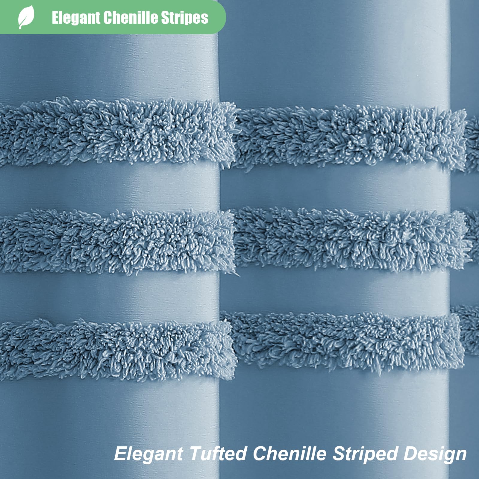 Dynamene Moonlight Blue Fabric Shower Curtain, Tufted Chenille Striped Cloth Shower Curtain For Bathroom, Modern Farmhouse Shabb