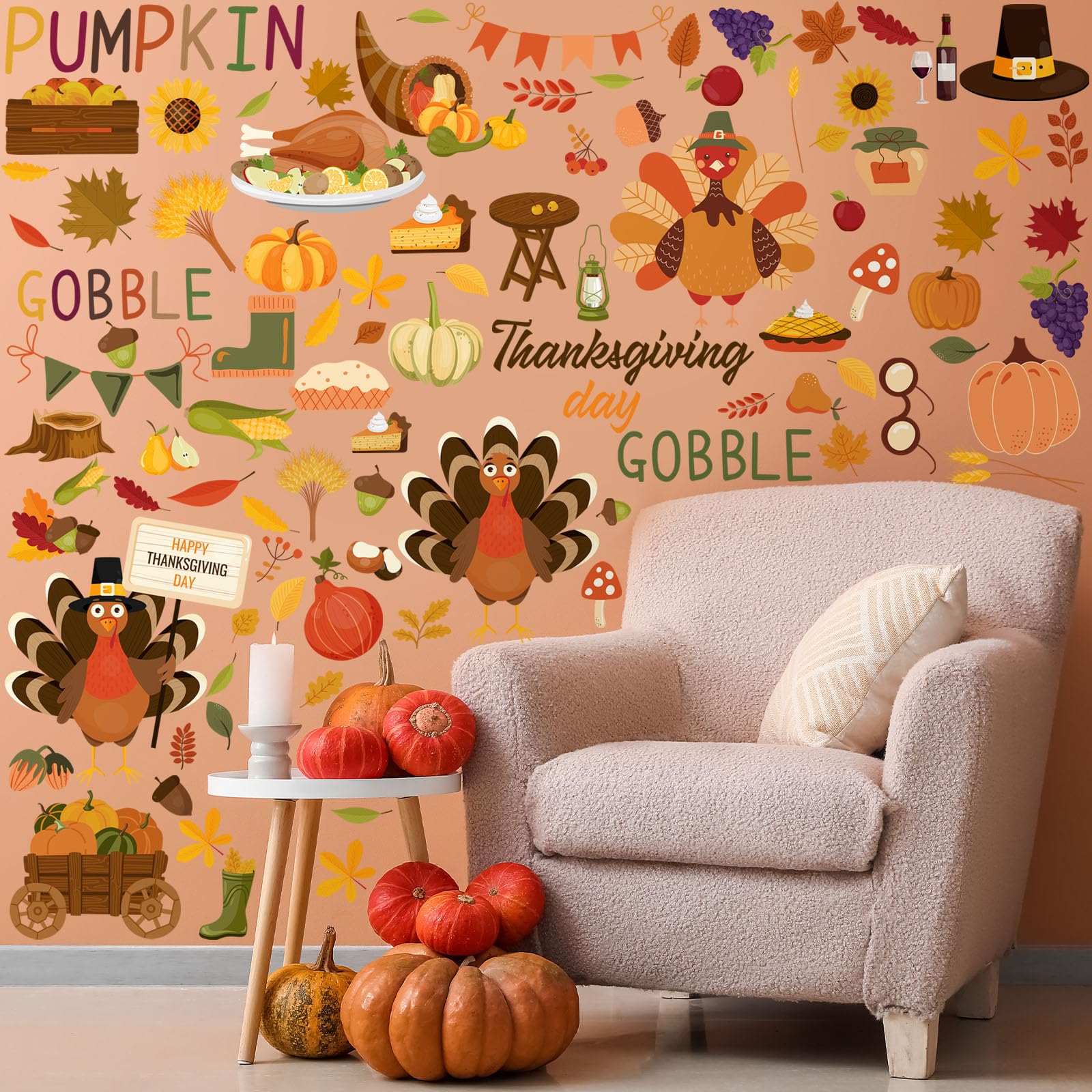 115 Pcs 6 Sheets Thanksgiving Wall Decals Fall Wall Stickers Thanksgiving Maple Leaves Turkey Pumpkin Stickers Fall Window Cling