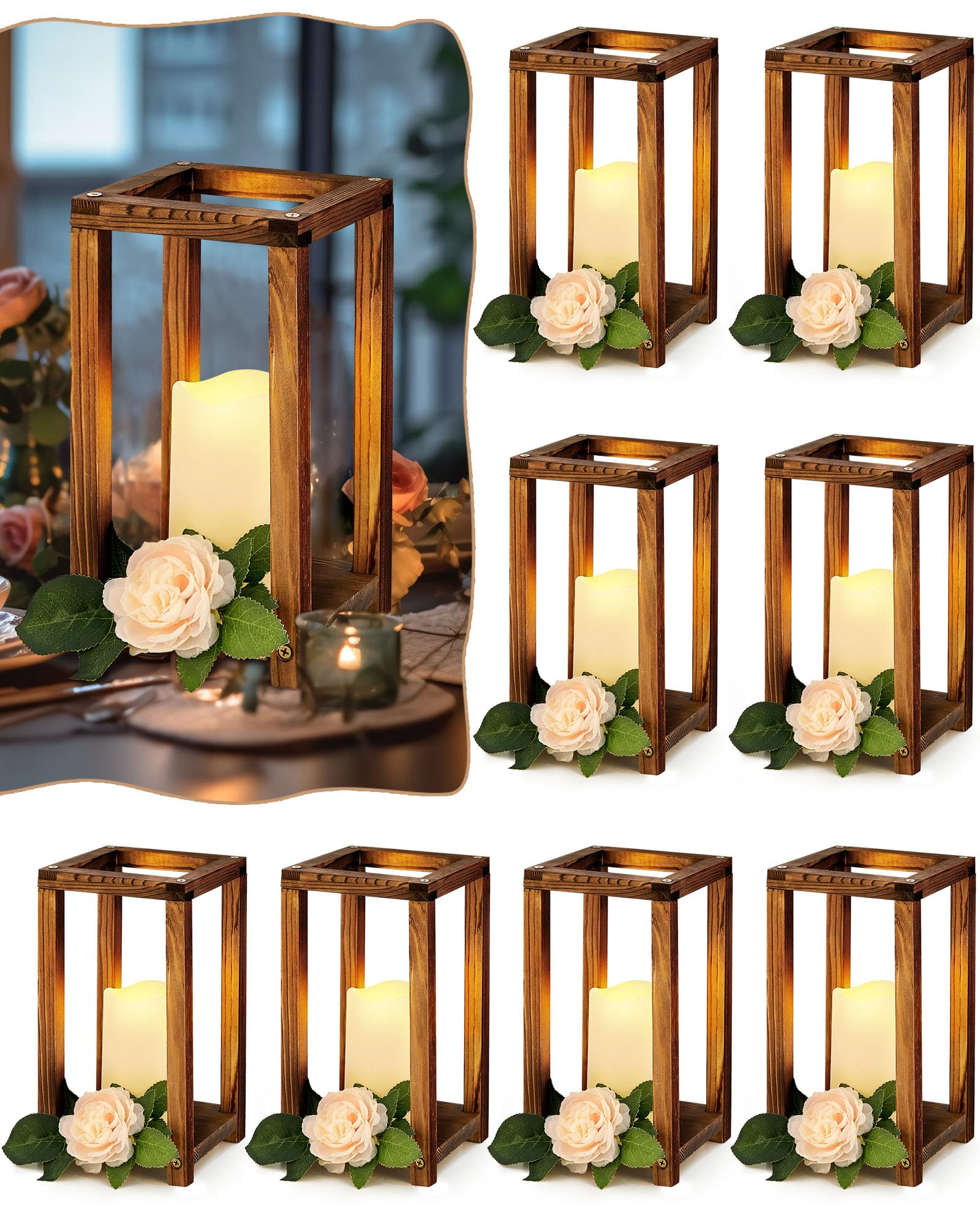 Huquary 16 Pcs Lantern Wedding Centerpieces Includes 8 Rustic Wooden Wedding Lantern Centerpiece for Decorative Candle and 8 Fla
