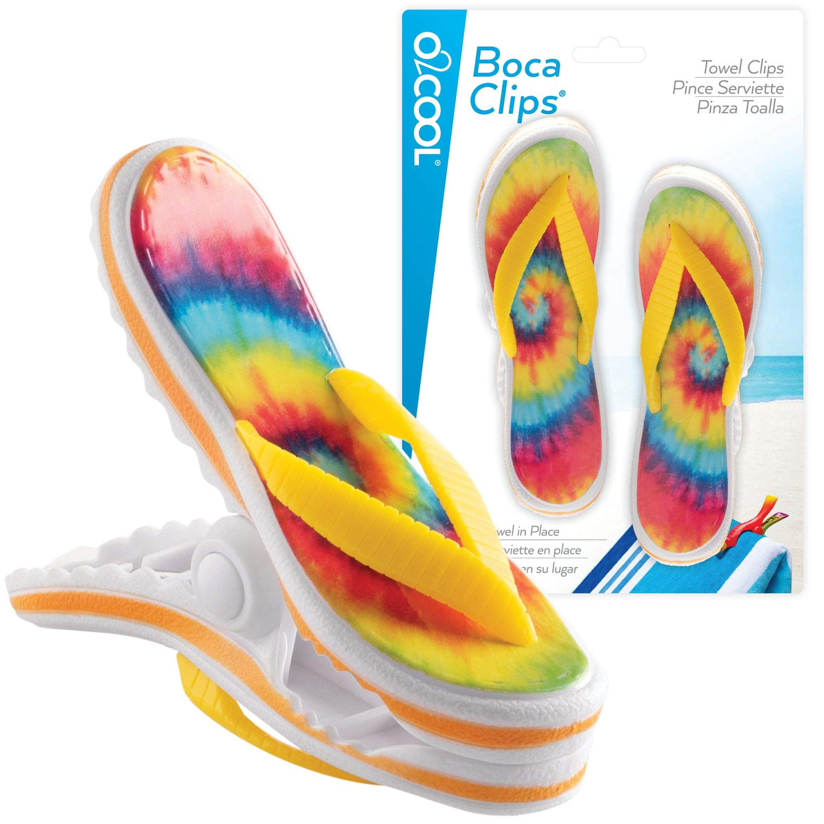 O2Cool Bocaclips - Beach Towel Clips For Beach Chairs, Patio And Pool Accessories - (Tie Dye Flip Flop) 2 Count