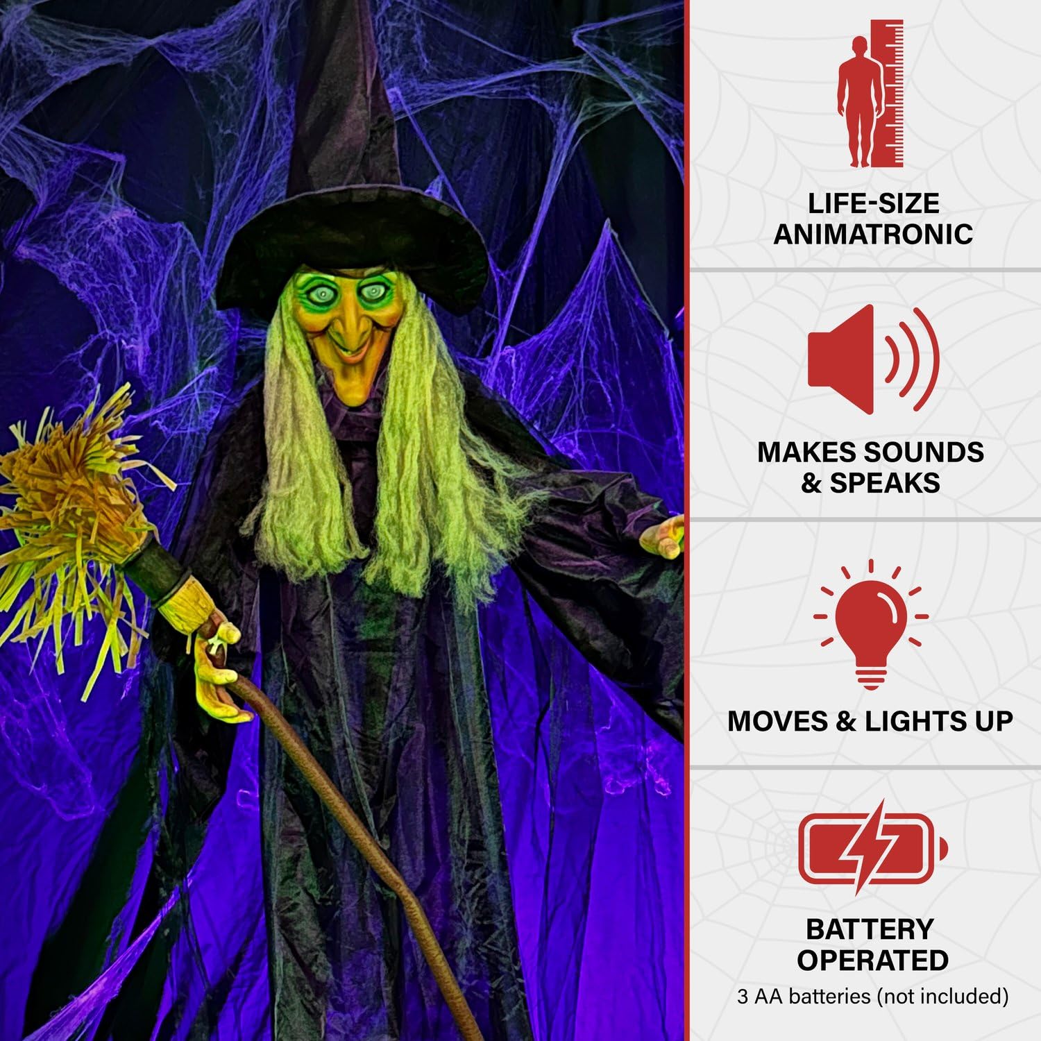 Haunted Hill Farm Life-Size Scary Talking Witch with Broomstick, Halloween Animatronic with Touch Activated Lights and Sound, Ba