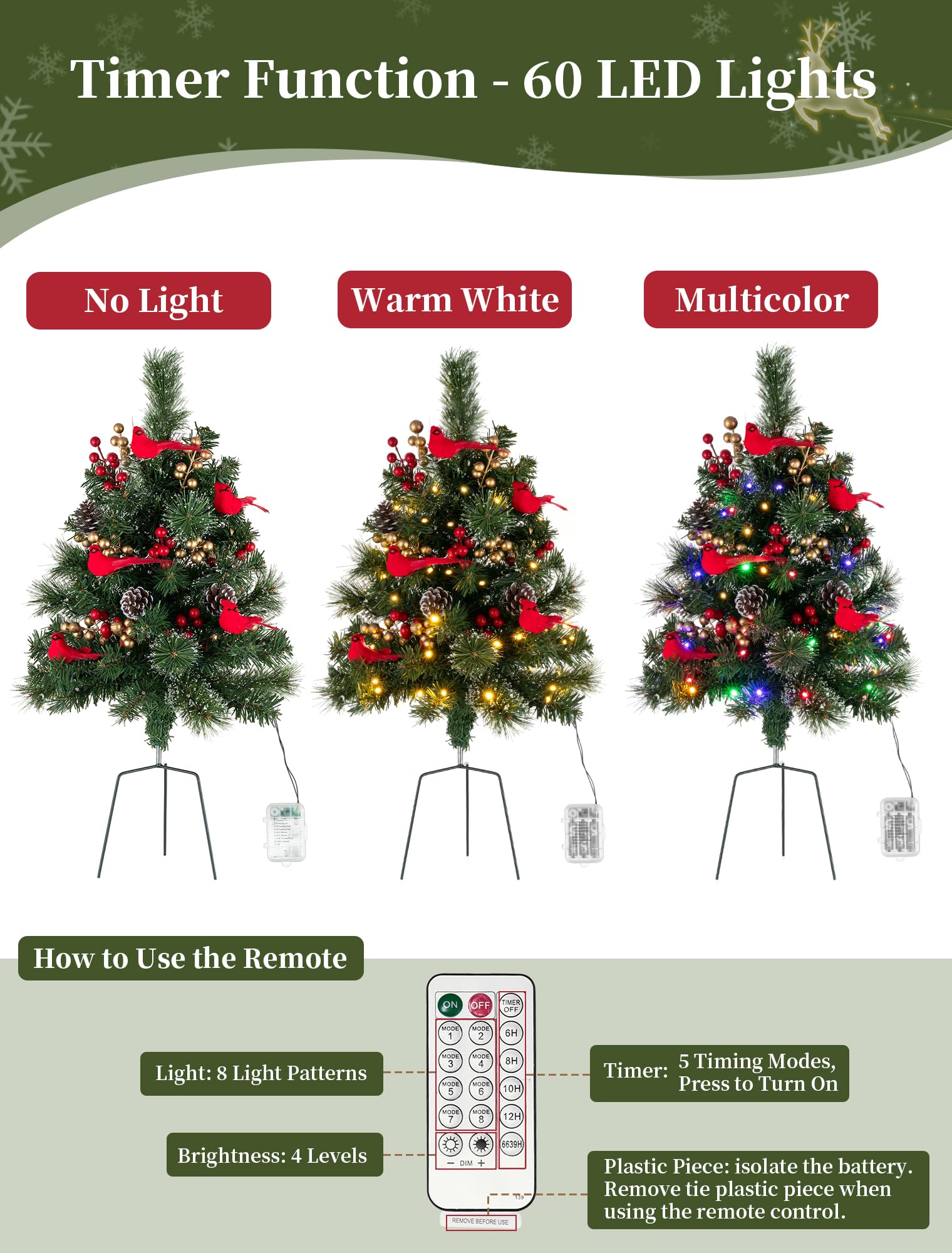 BLOSMON Outdoor Christmas Tree for Porch: 2 Sets 24 Inch Timer Prelit Planter Bushes with 10 Red Cardinals - Remote 60 Lights 8