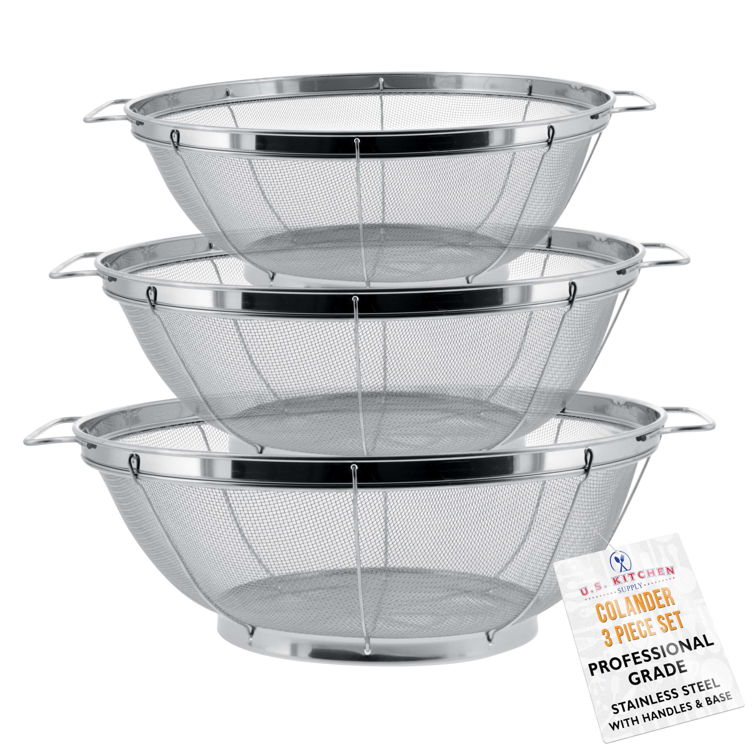 U.S. Kitchen Supply - 3 Piece Colander Set - Stainless Steel Mesh Strainer Net Baskets With Handles & Resting Base - 11'' 5 Quar