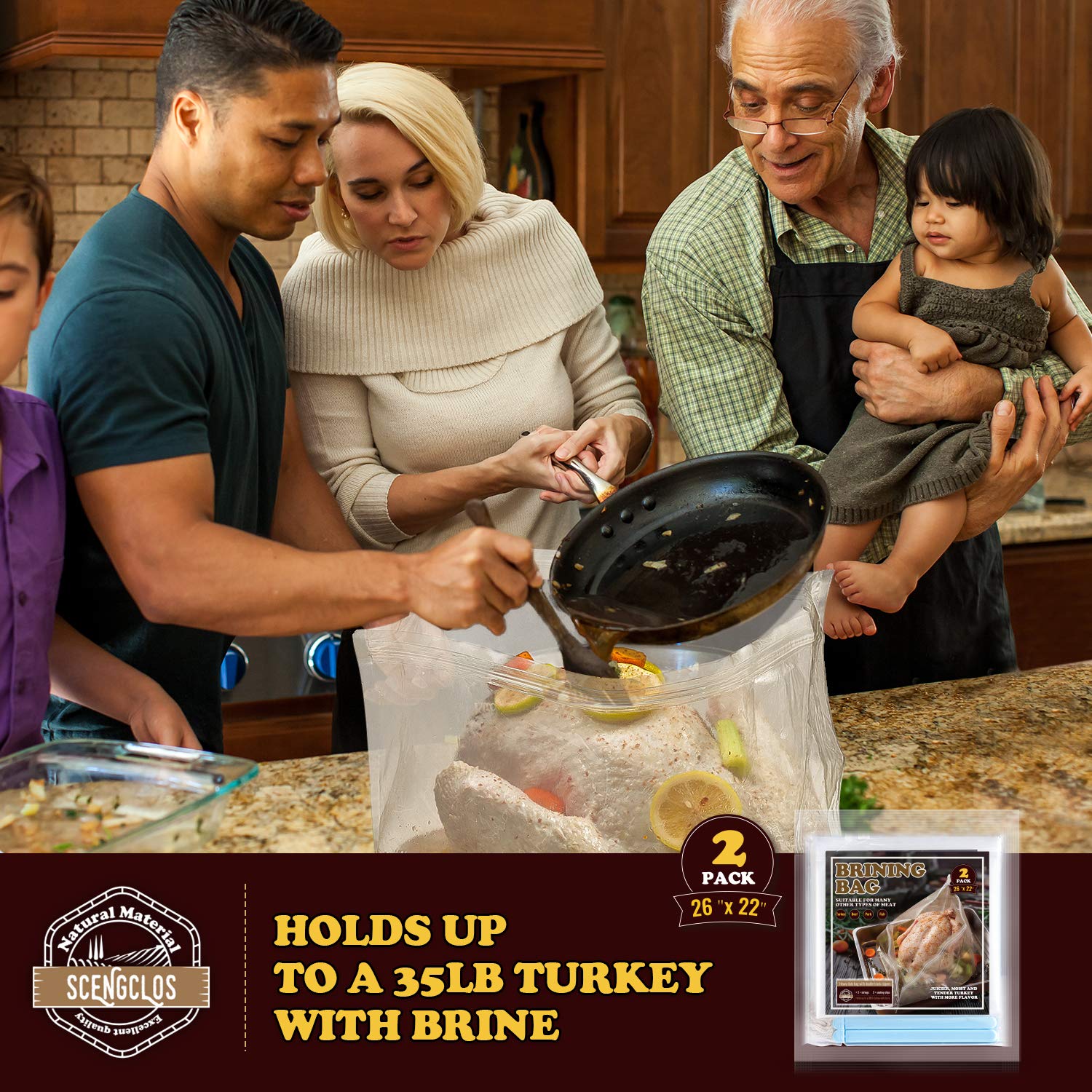 Brining Bag, 26  22, 2 Pack, Extra Large Turkey Brine Bag with 2 Strings and 2 Larger Clips, Thickened materials, Double Track Z