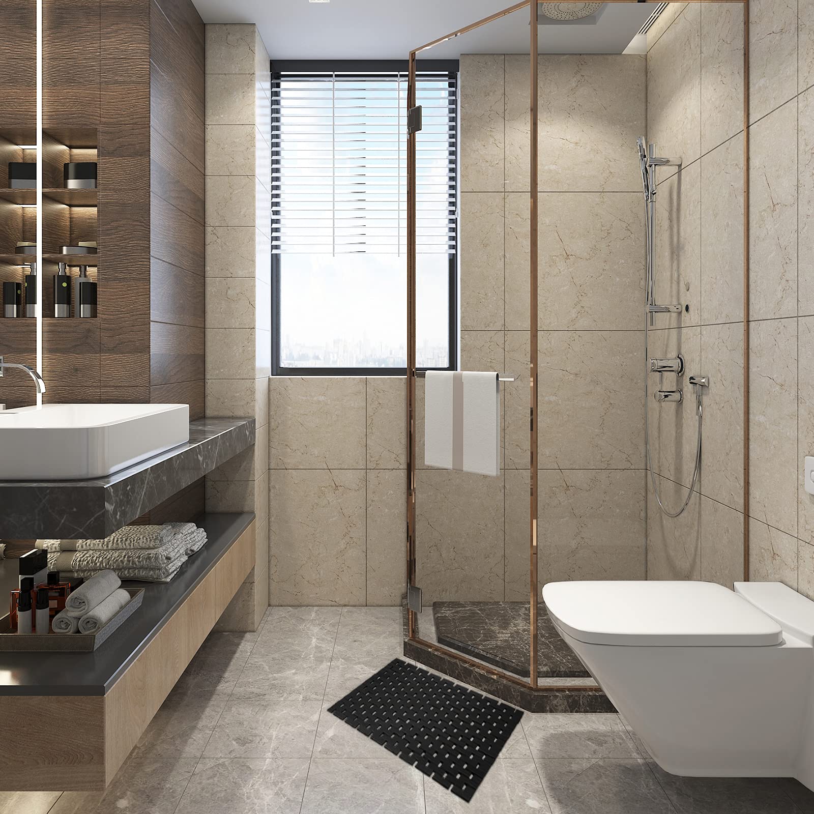 Fovlaurs Bambo Bath Mat Bathroom Rugs Floor Wood Shower Bathtub Waterproof Non Slip Black Accessories 16X24 Inch Easy To Clean,