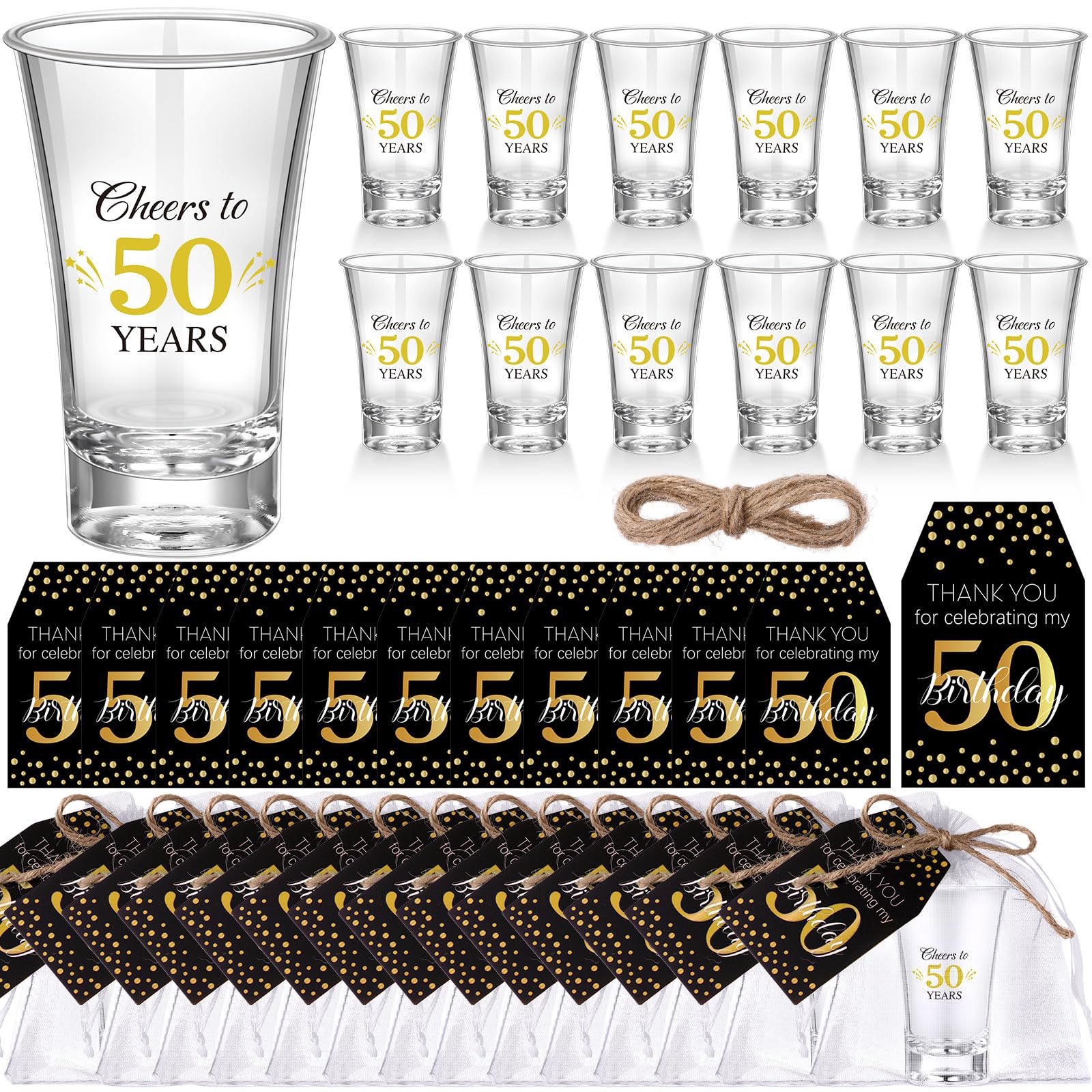 Pickmesh 50 Sets Black Gold Birthday Party Favors for Guests Souvenir Multicolor 50 Years Old Gift Bulk Acrylic Clear 1.2oz Shot
