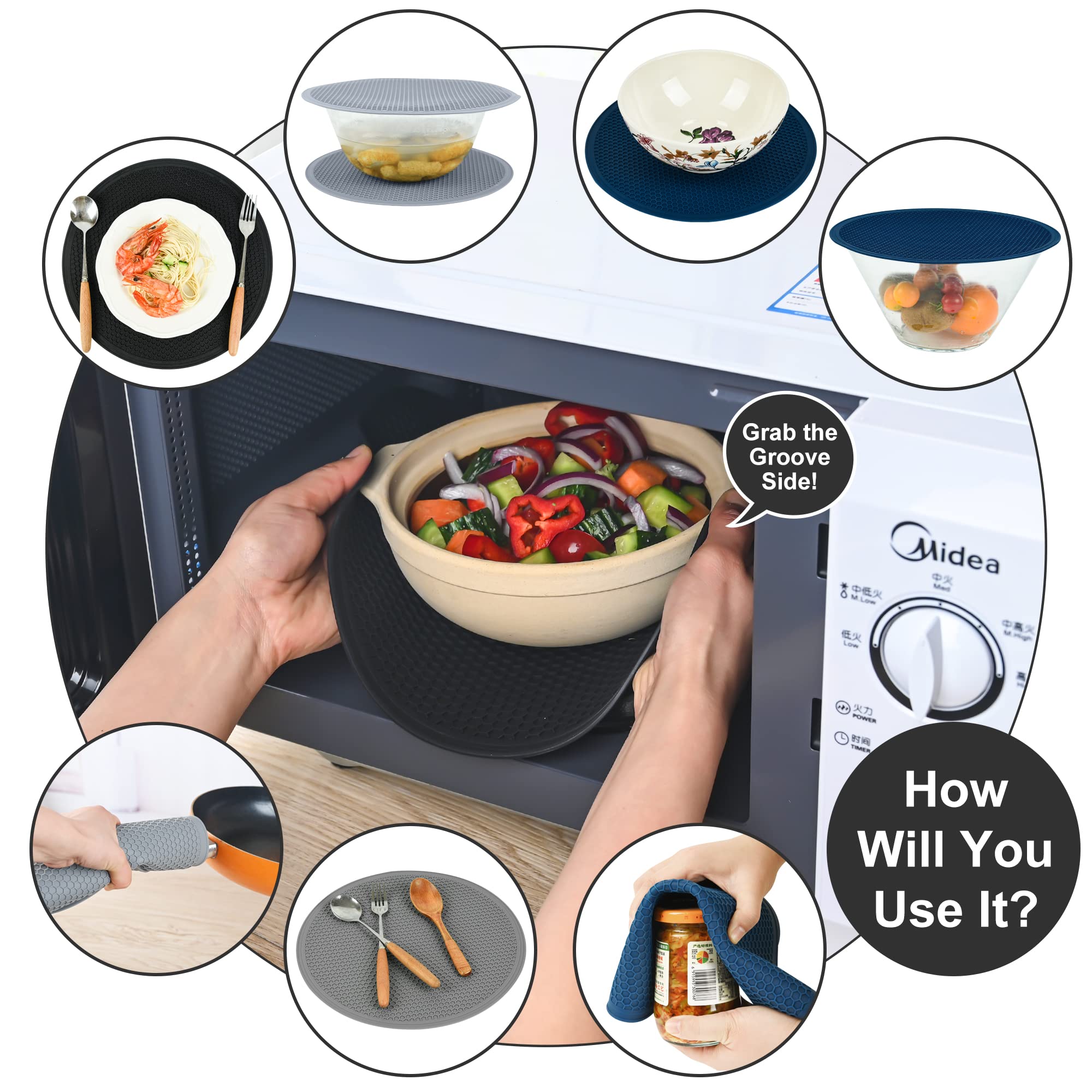 Viwehots Silicone Trivet Mat -Pot Holders-Round Trivets For Hot Dishes-Pots & Pans, Dia11.81 Microwave Plate Cover Mat, Multi Us