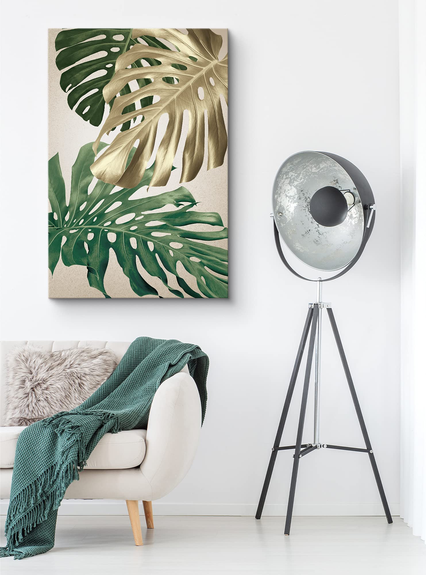 Nwt Canvas Print Wall Art Green & Gold Monstera Leaf Trio Floral Plants Illustrations Modern Art Tropical Closeup Colorful Multi