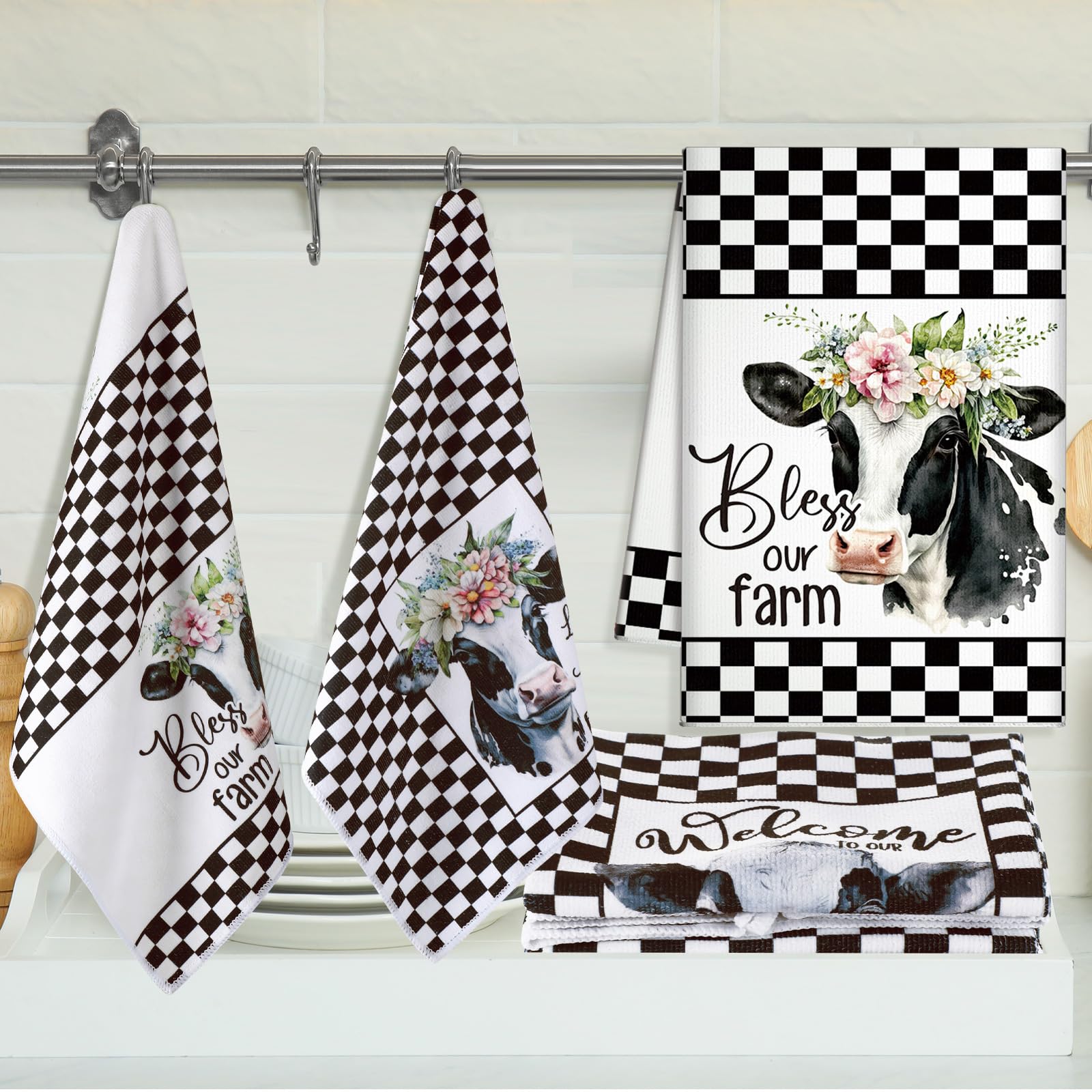 Fuweave 6 Pcs Farm Animal Kitchen Towels Decorative Set Cow Sheep Pig Chicken Floral Buffalo Plaid Funny Dish Towels For Kitchen