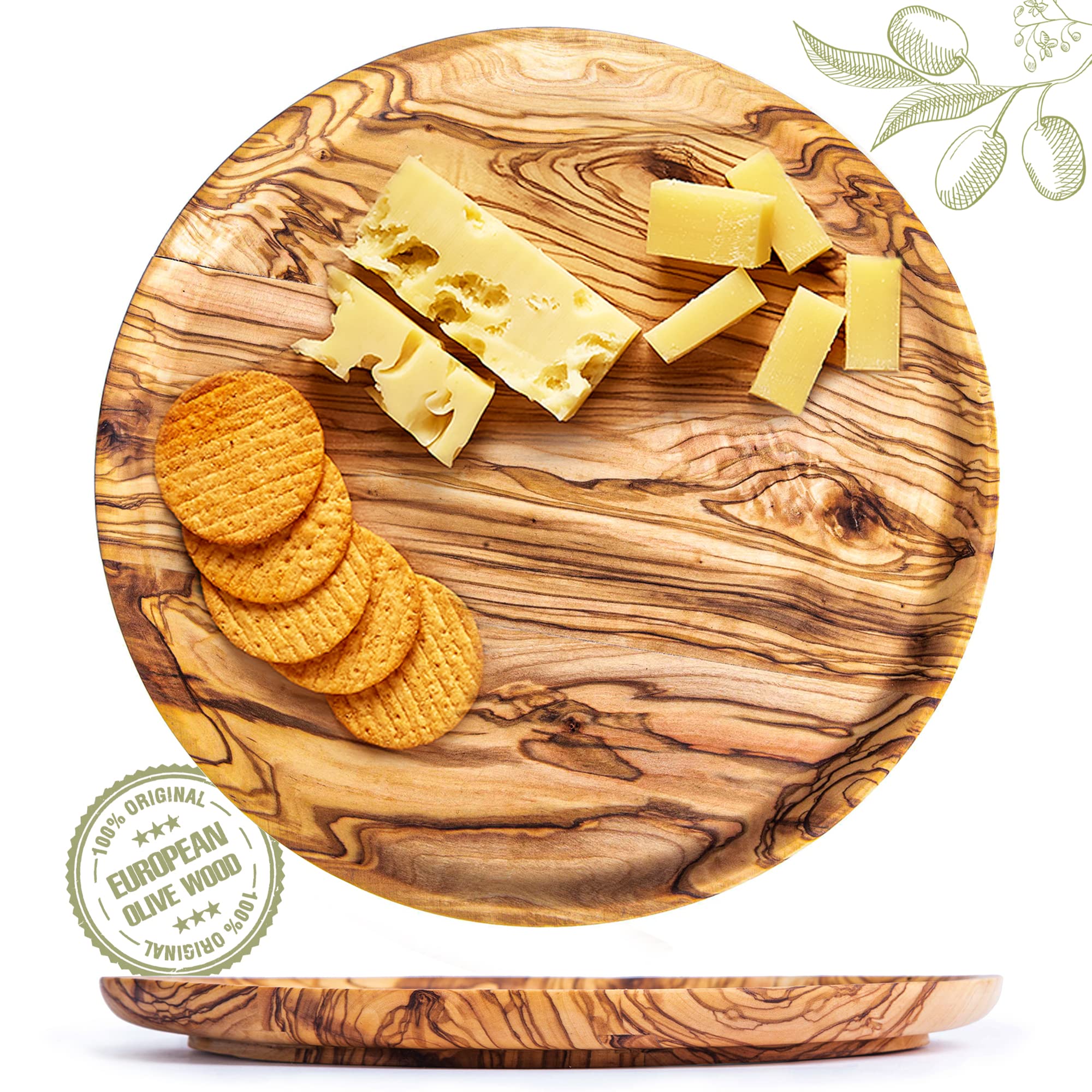 Crystalia Olive Wood Charcuterie Serving Board, Large Platter Handmade From Olive Tree, European Quality Round Cheese Board, Gre