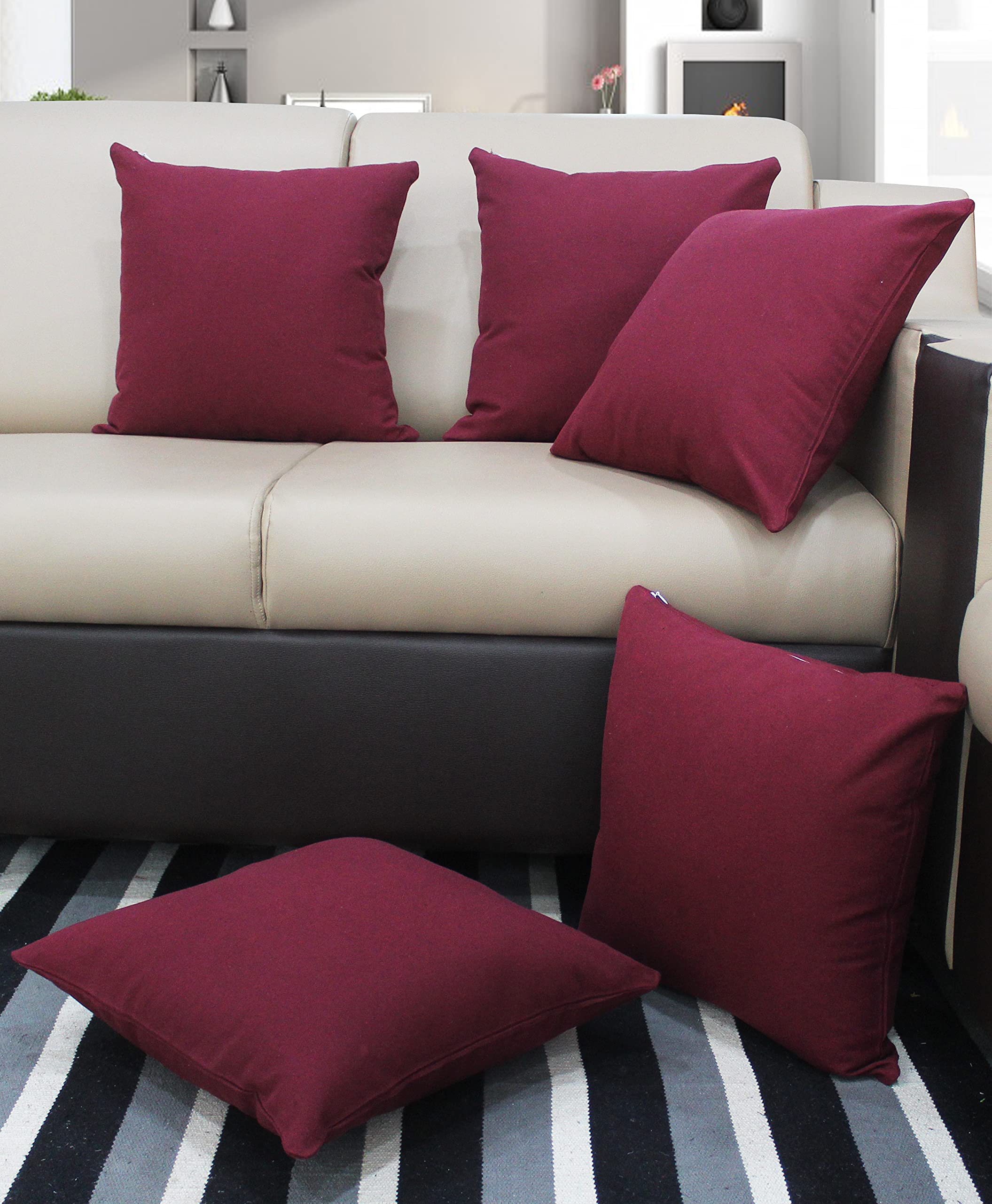 Airwill Cotton Plain Maroon Themed Cushion Covers For Cushions & Pillows (Maroon, Pack Of 5)