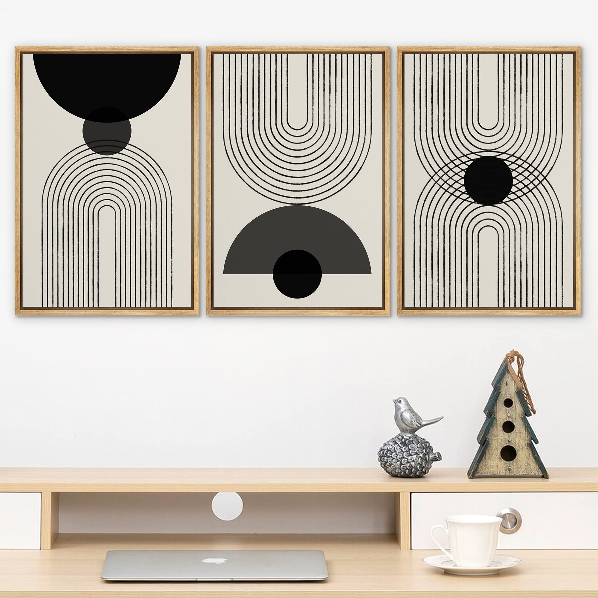 Signleader Framed Canvas Print Wall Art Black Semi-Circle An Line Parabola Abstract Shapes Illustrations Modern Art Minimalist E