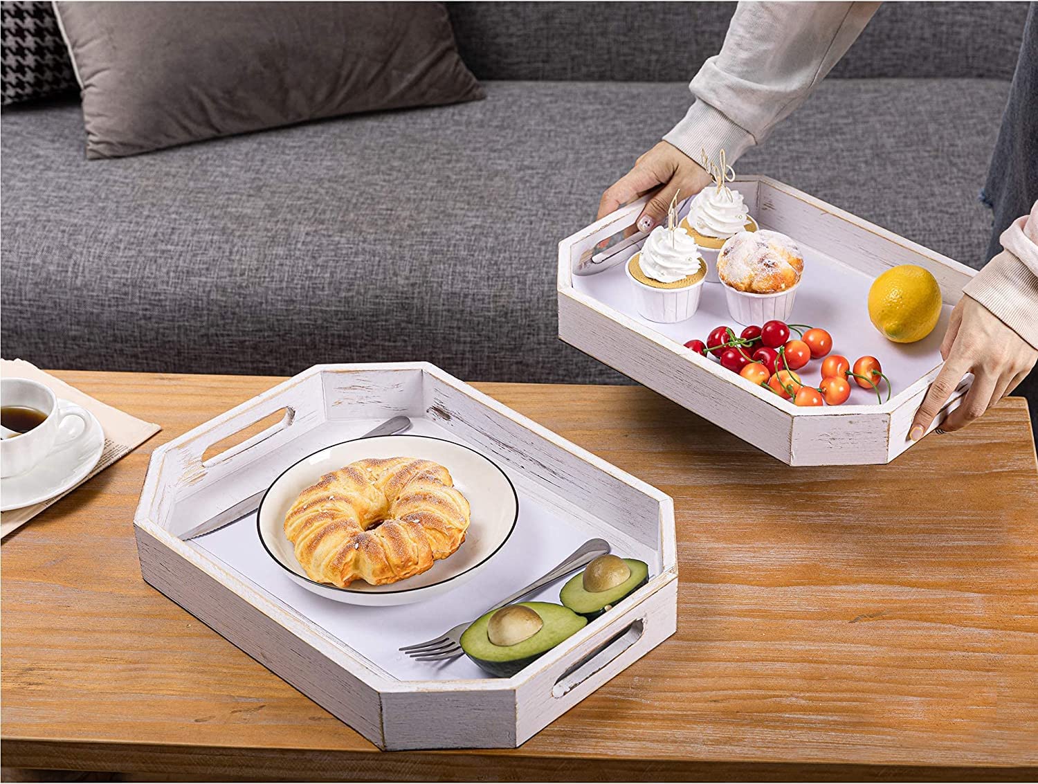 White Lift Set Of 2 Solid Wood Trays Tea & Coffee Table Decorative Serving Tray Food Storage Platters For Serving Beverages & Fo