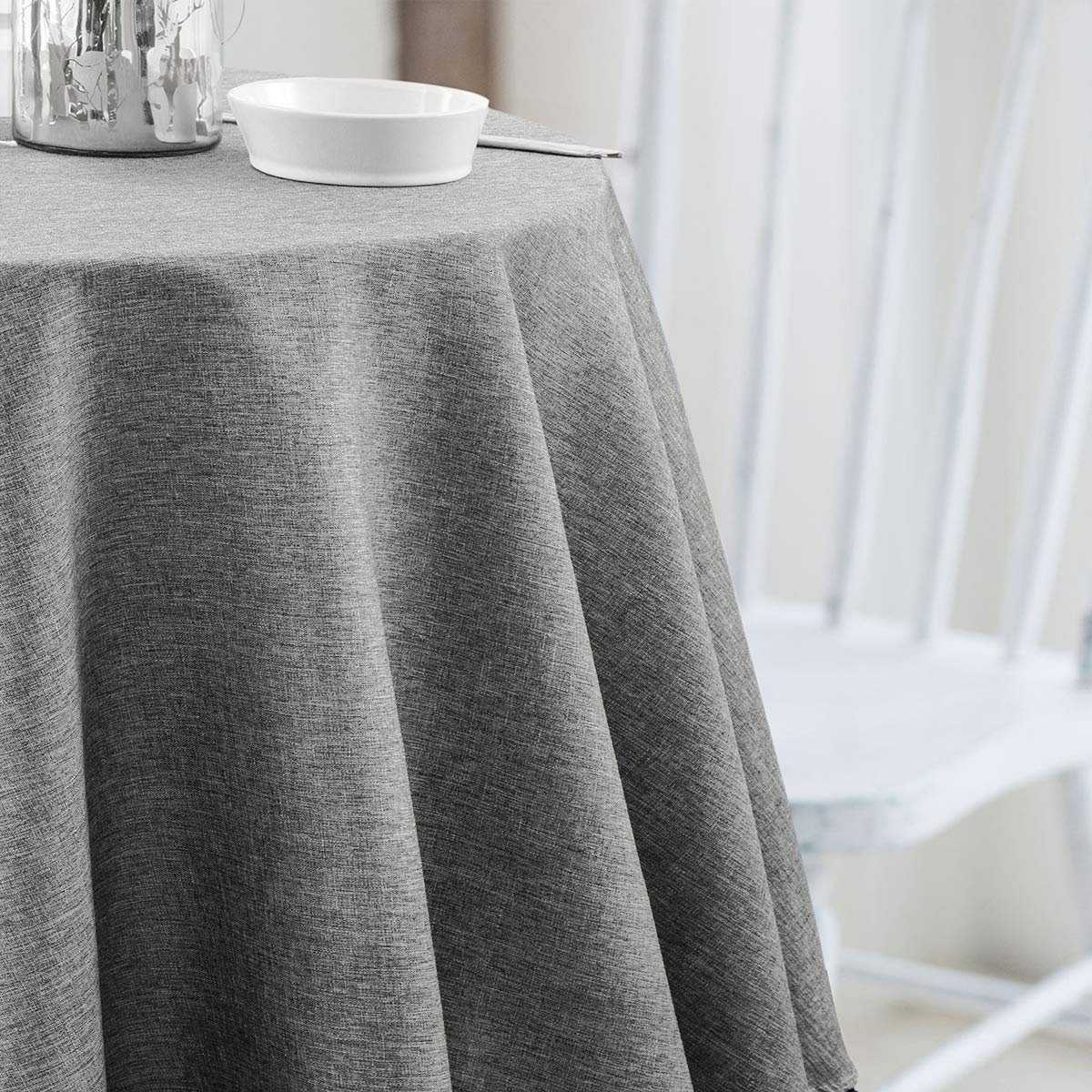 Jucfhy Pompom Tassel Round Table Cloth,Linen Solid Tablecloth Heavy Duty Fabric,Stain-Proof Water Resistant Washable Table Cloth