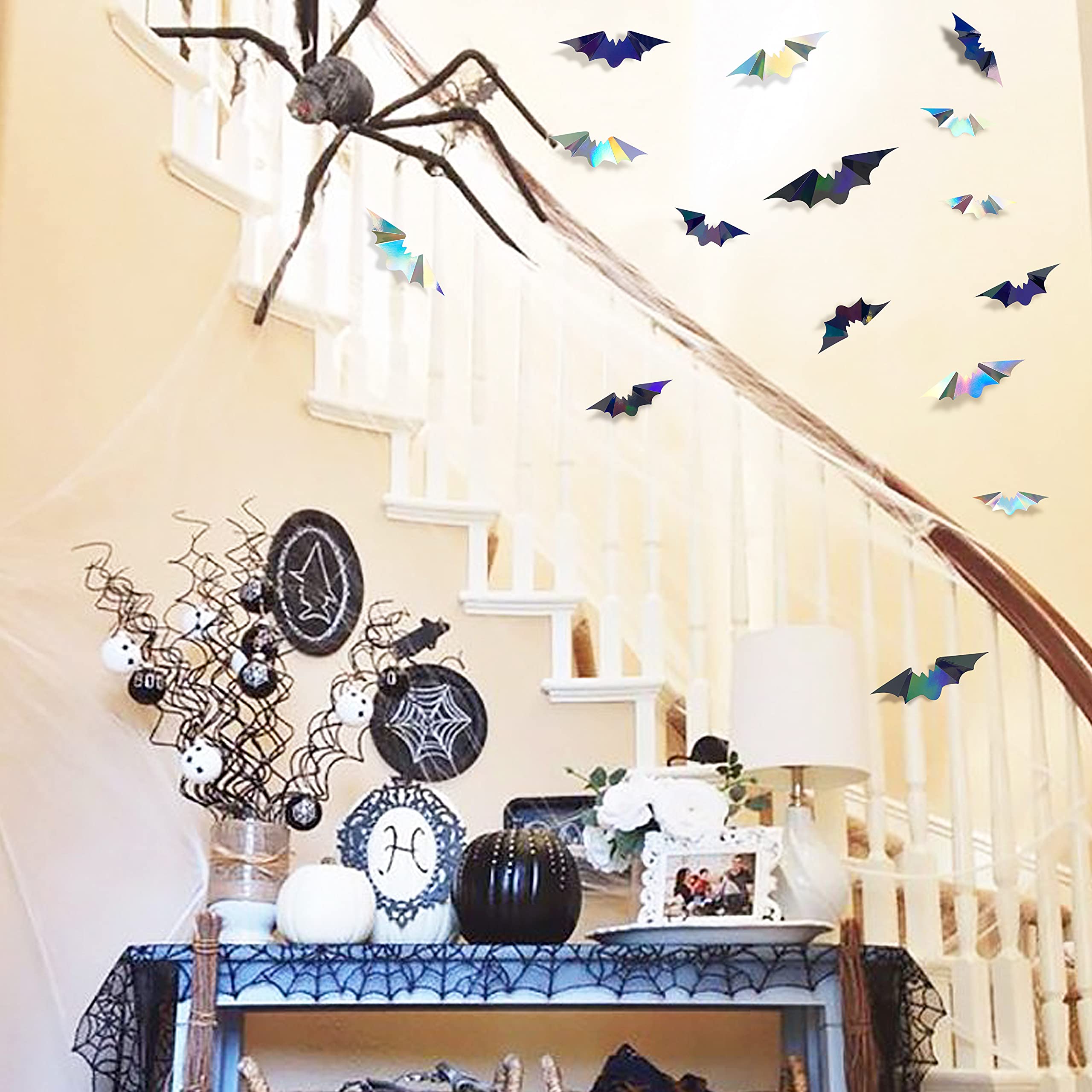 72Pcs Bats Halloween Decoration Iridescent 3D Bats Wall Decor Black Silver Holographic Paper Decorative Bat Wall Art Decals Stic