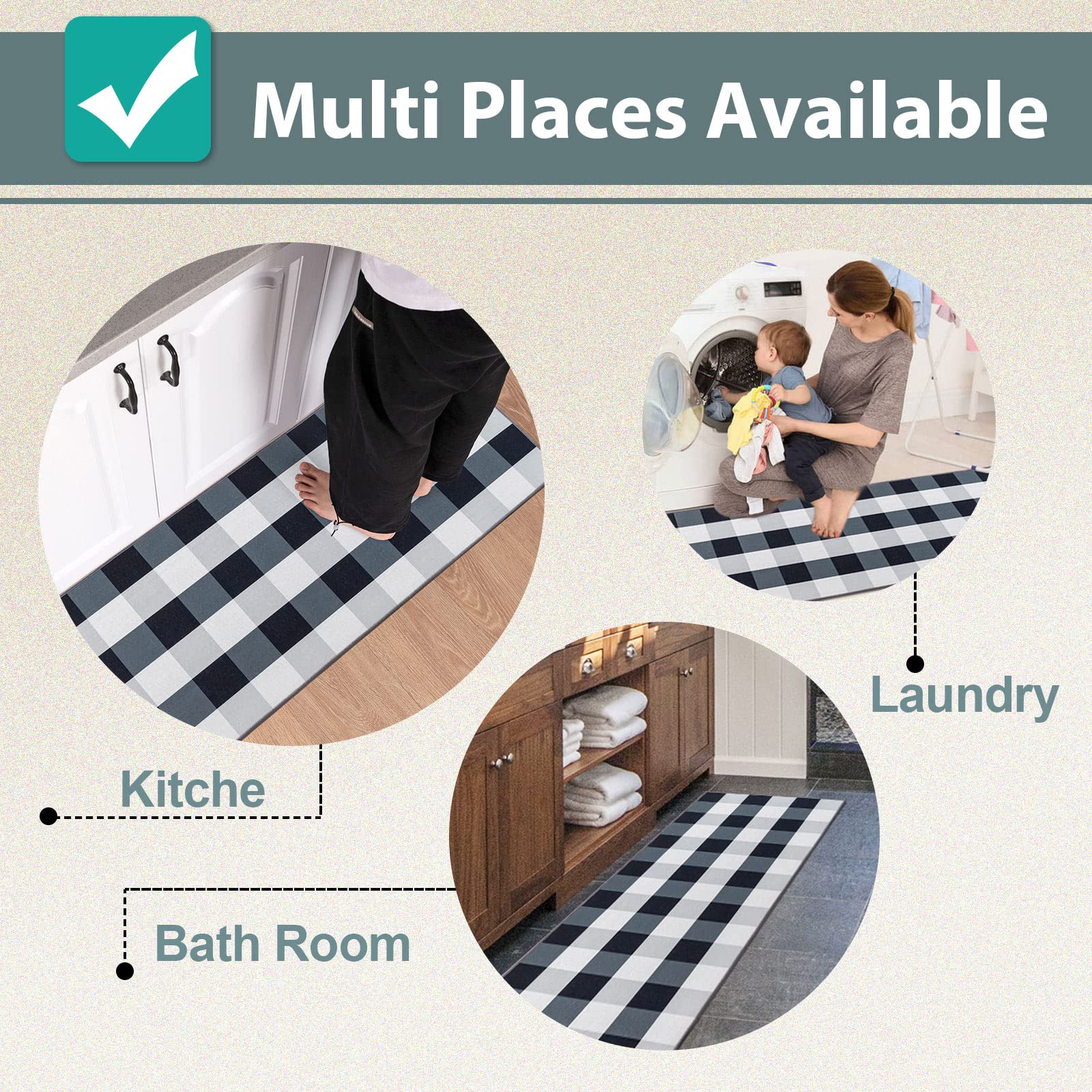 Carvapet 2 Piece Non-Slip Kitchen Rug Tpr Non-Skid Backing Mat For Doorway Bathroom Runner Rug Set, Buffalo Plaid Check Design (