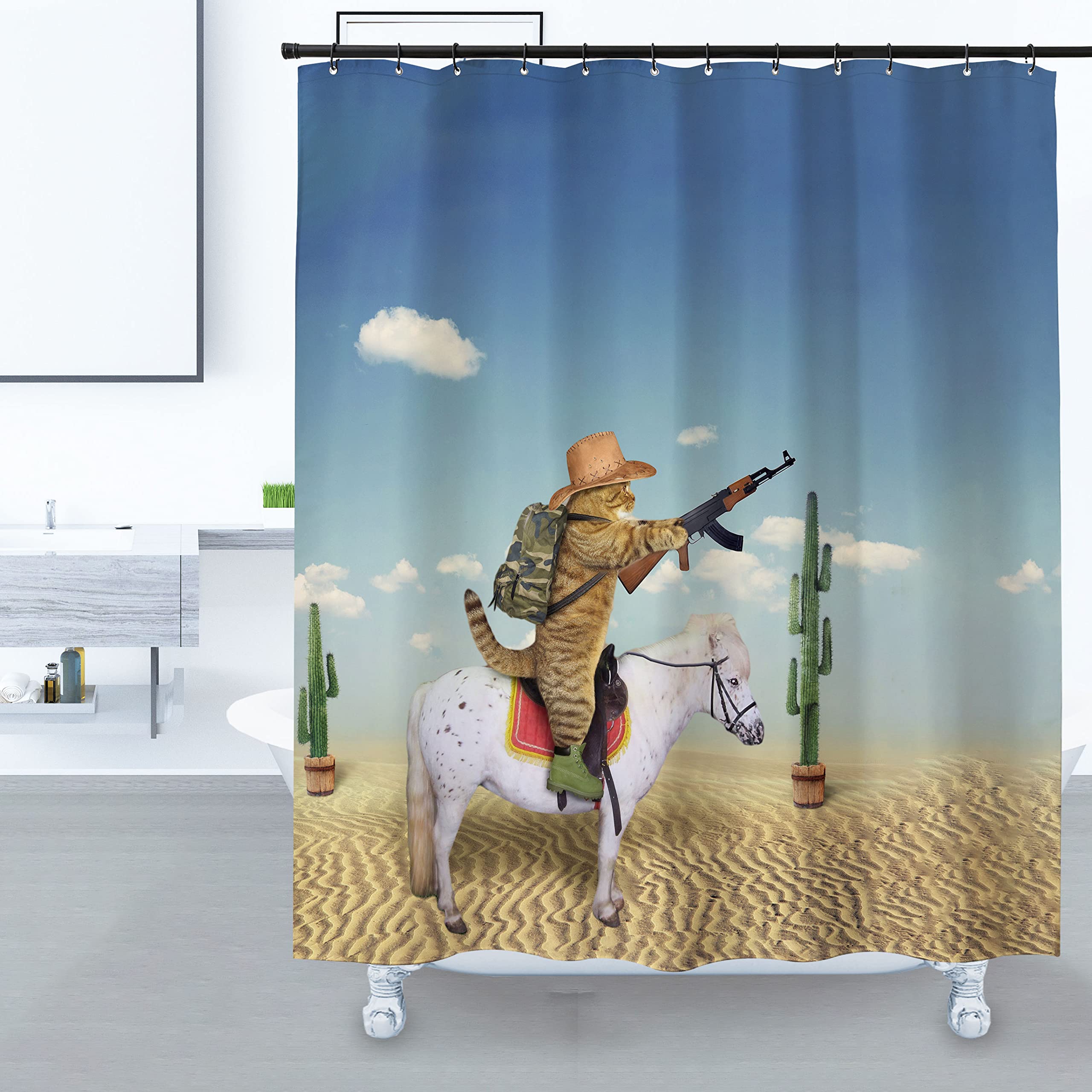 Domoku Cat Shower Curtain Cute Funny Cowboy Cat Riding Horse In The Desert Bathroom Shower Curtains Polyester Fabric Waterproof