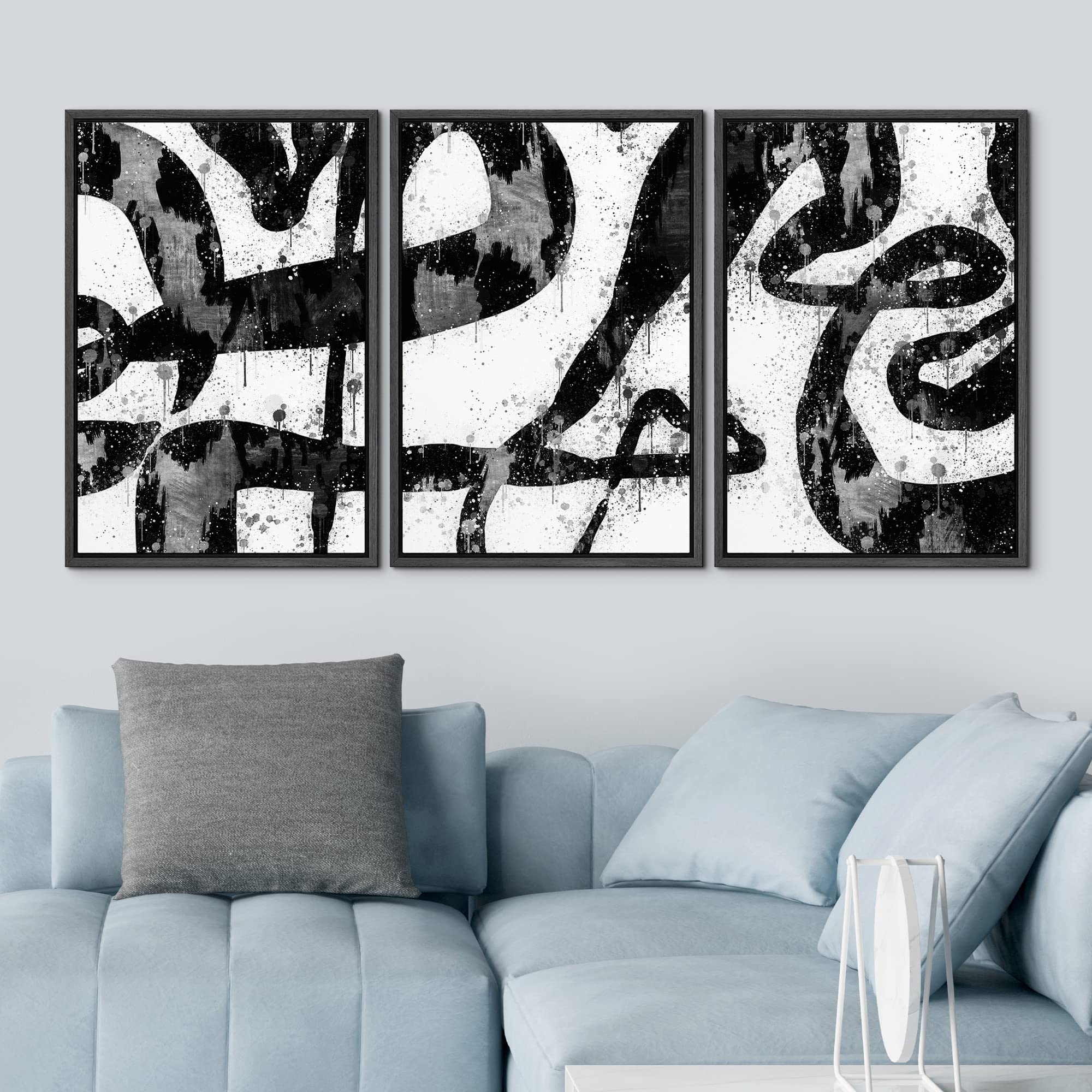 Idea4Wall Framed Wall Art Print Set Faded Black & White Swirling Line Art Pattern Abstract Shapes Illustrations Modern Art Mid-C