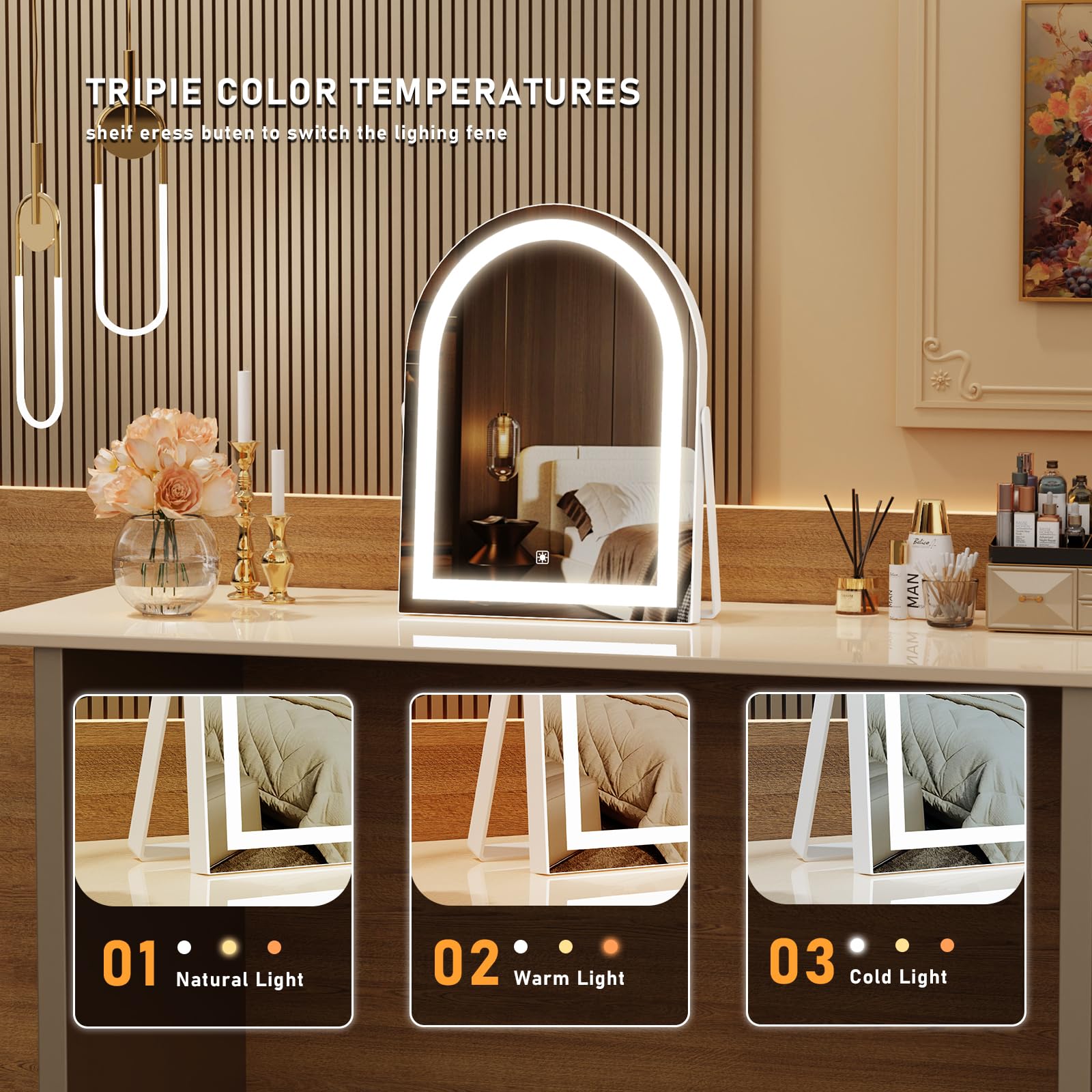 Gvnkvn Vanity Mirror with Lights, 16 Light Up Makeup Mirror, LED Makeup Mirror with Lights for Bedroom Tabletop, Smart Touch Con