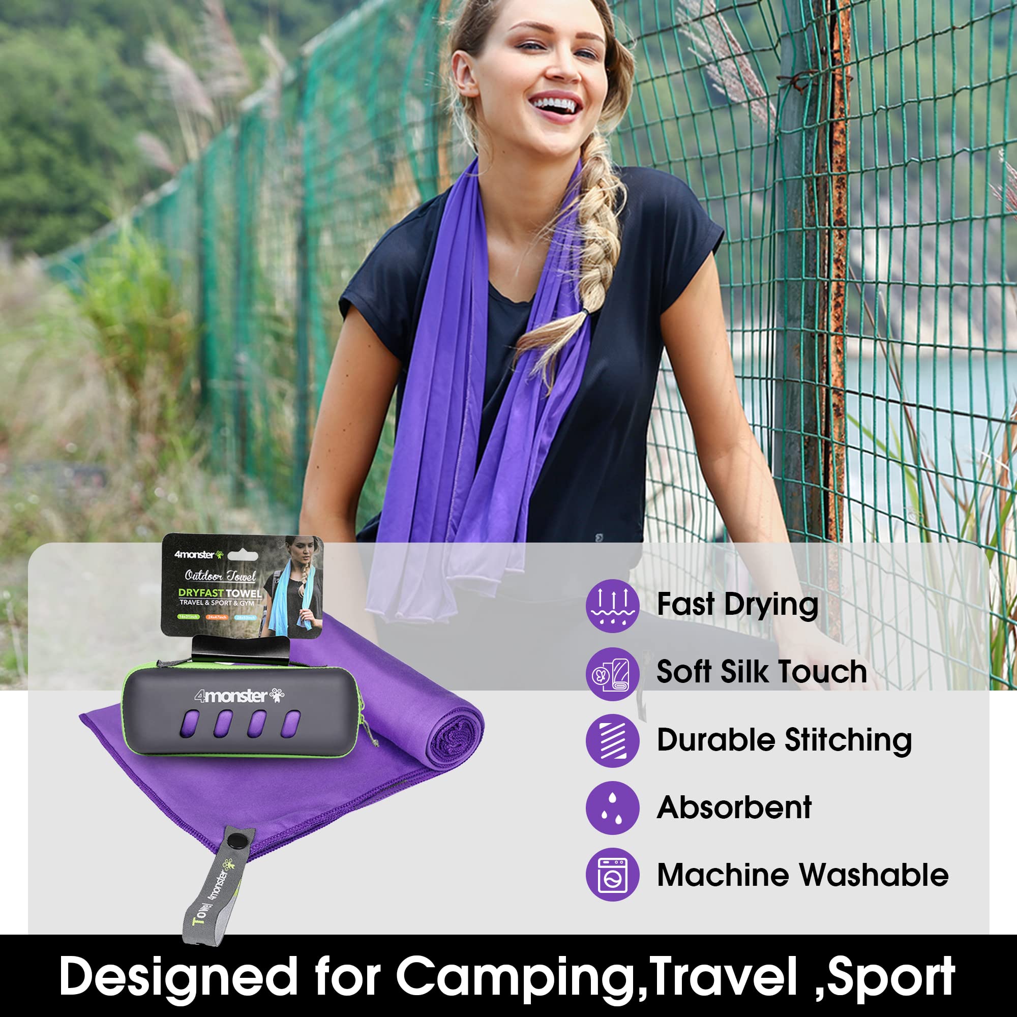 4Monster Microfiber Towel, Travel Towel, Camping Towel,Small Size 15.7            31.5', Fast Drying, Soft Light Weight,Suitable
