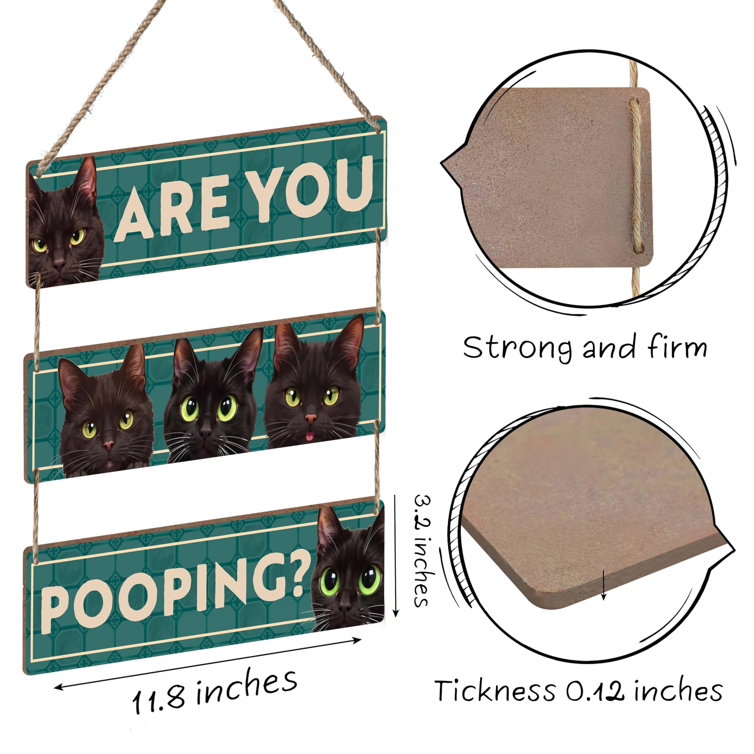 Are You Pooping Wooden Sign, Funny Decorations with Black Cats on Green Background, Rustic Plaque 11.8x3.2 Inches Each, Fun Bath