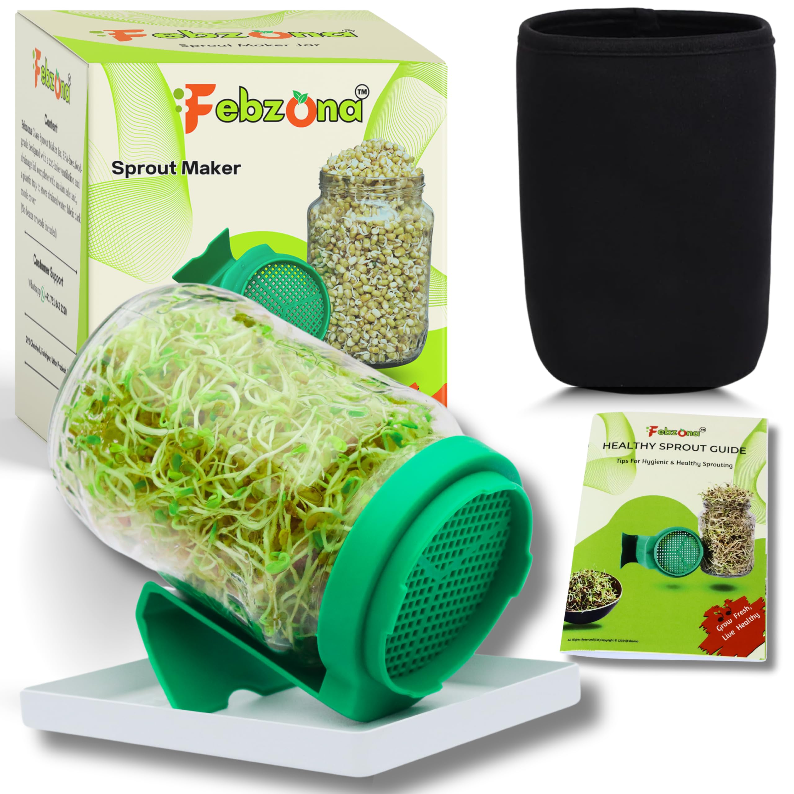 Febzona Sprout Maker Jars, Sprouting Glass Jar, Salad Box Durable & Reusable Sprouter For All Seeds And Beans (Green, Pack Of On