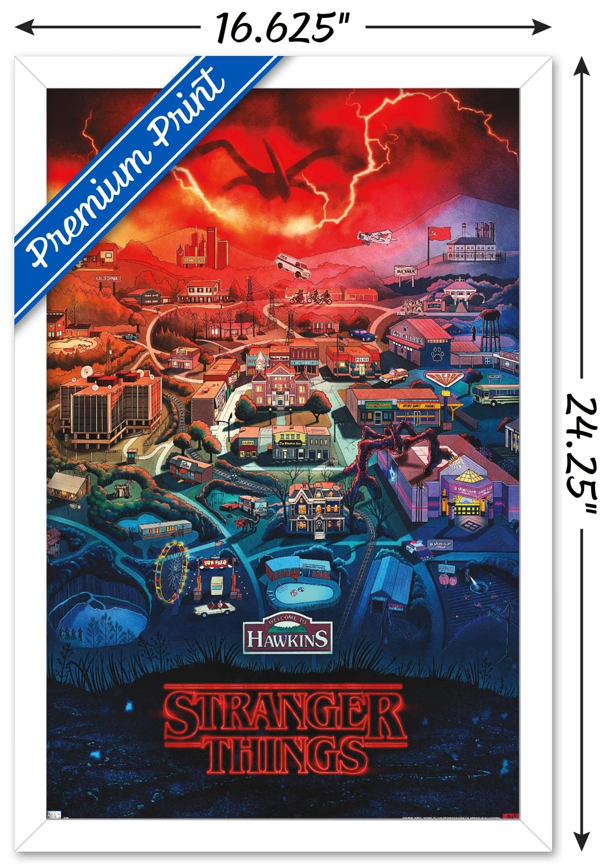 Trends International Netflix Stranger Things: Season 4 - Hawkins, Indiana Wall Poster, 14.725'' X 22.375'', White Framed Version