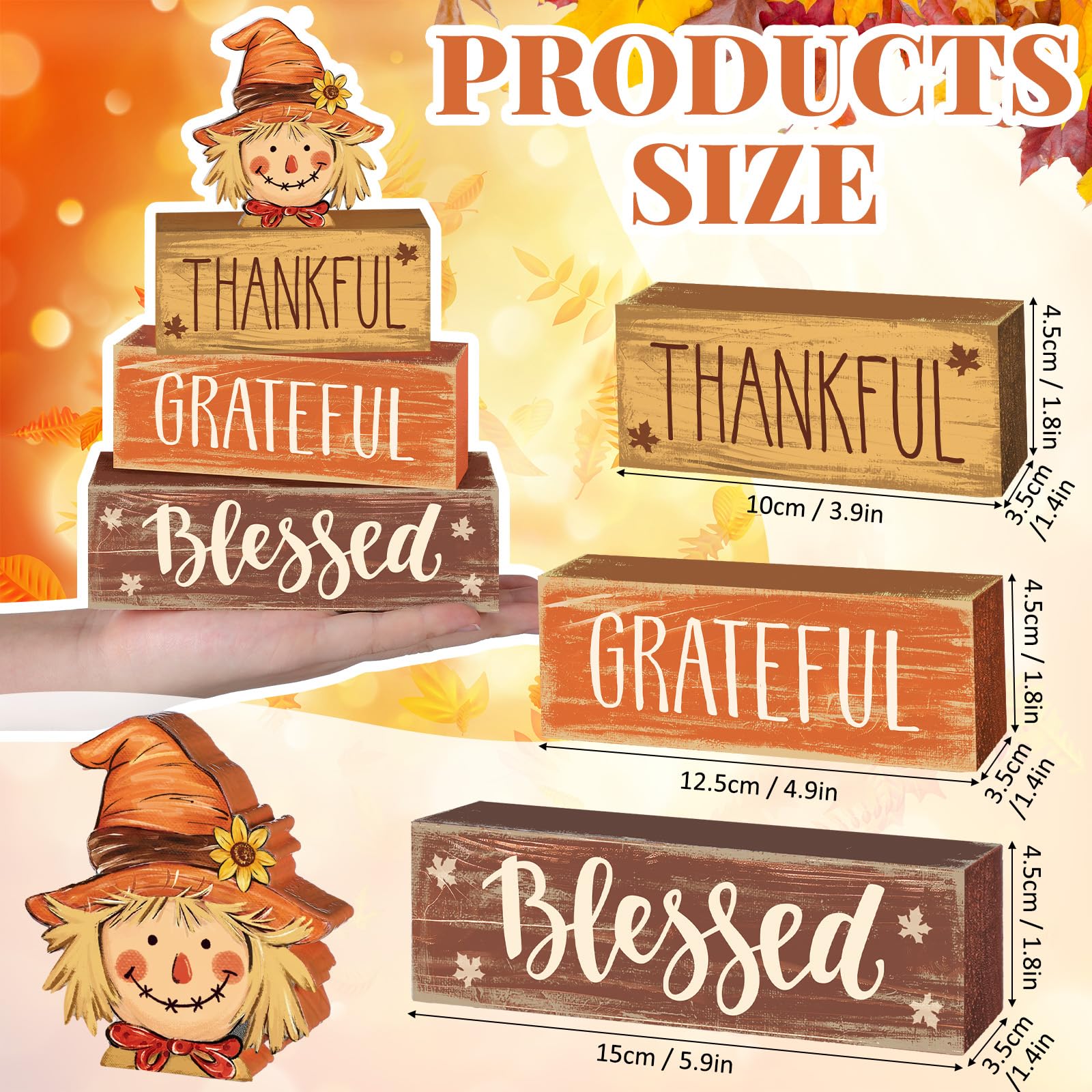 4 Pcs Thanksgiving Fall Decor for Home Scarecrow Sunflower Wooden Sign with Sayings Fall Scarecrow Tiered Tray Decor Blessed Tab