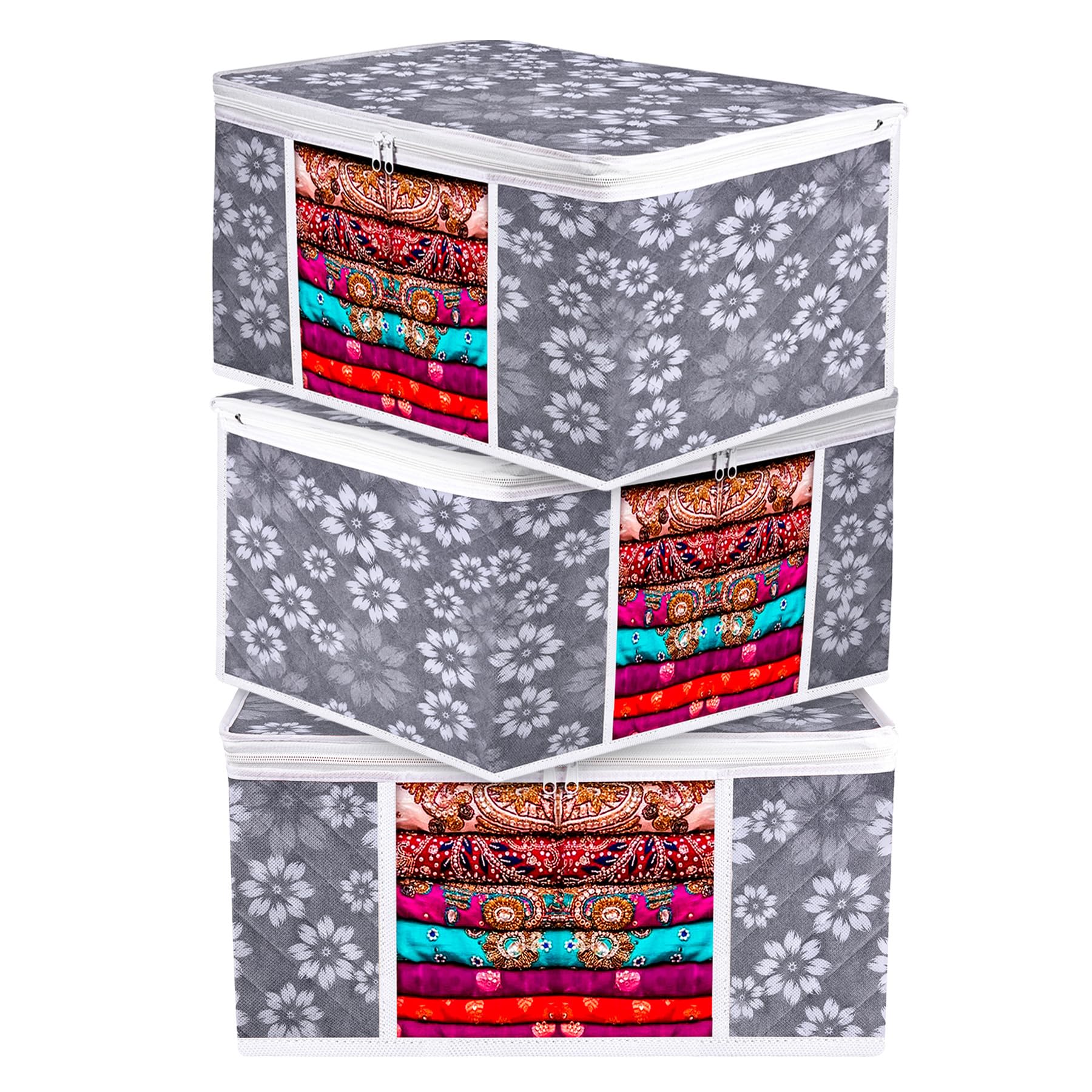 Kuber Industries 9 Inch Pack Of 3 NonWoven Saree Storage Bag With Visible Window | Multipurpose Wardrobe Storage Bag | Flower Q