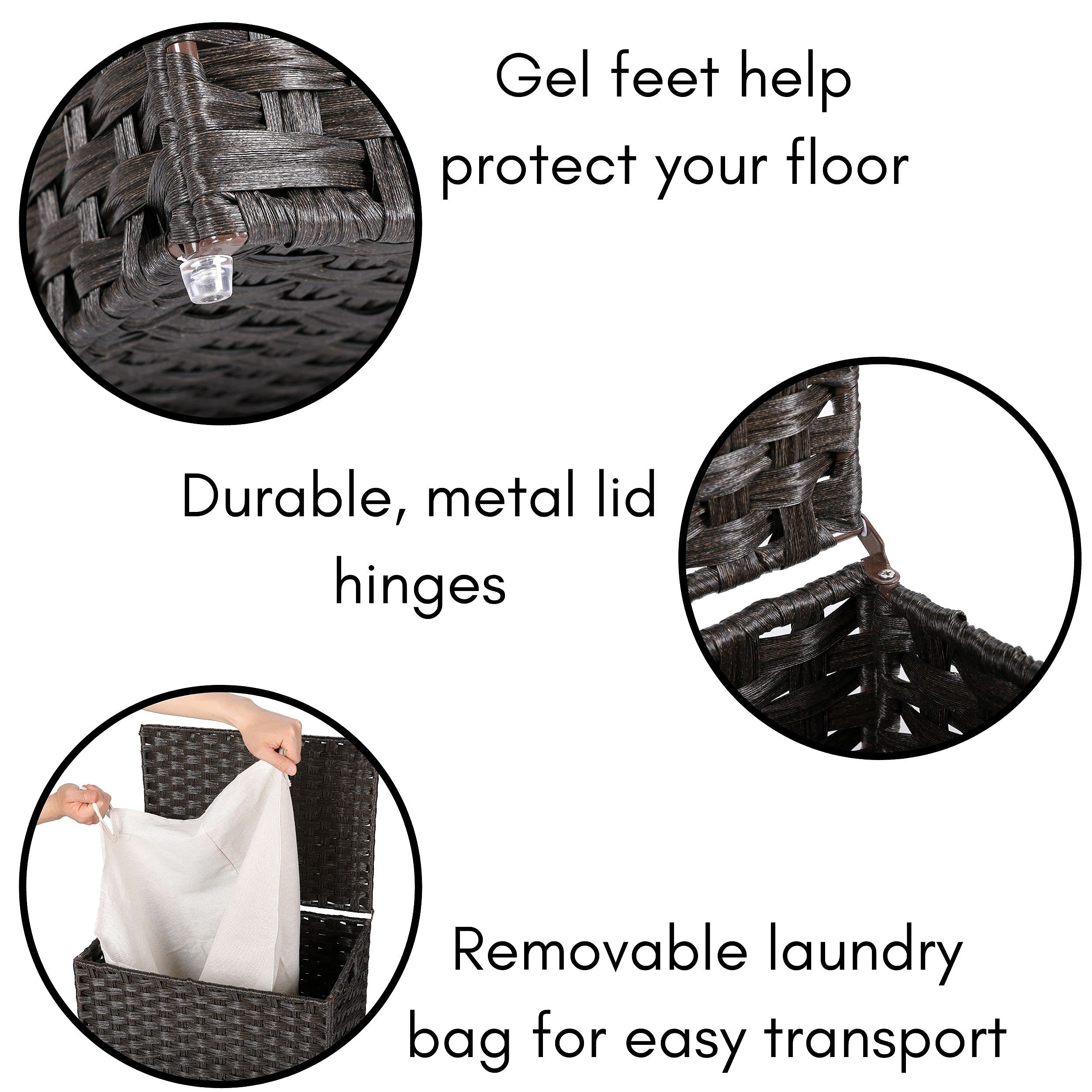 Single Laundry Hamper With Lid | Removable Liner Bag | Hand Woven | Compact Collapsible Clothes Basket | Synthetic Rattan