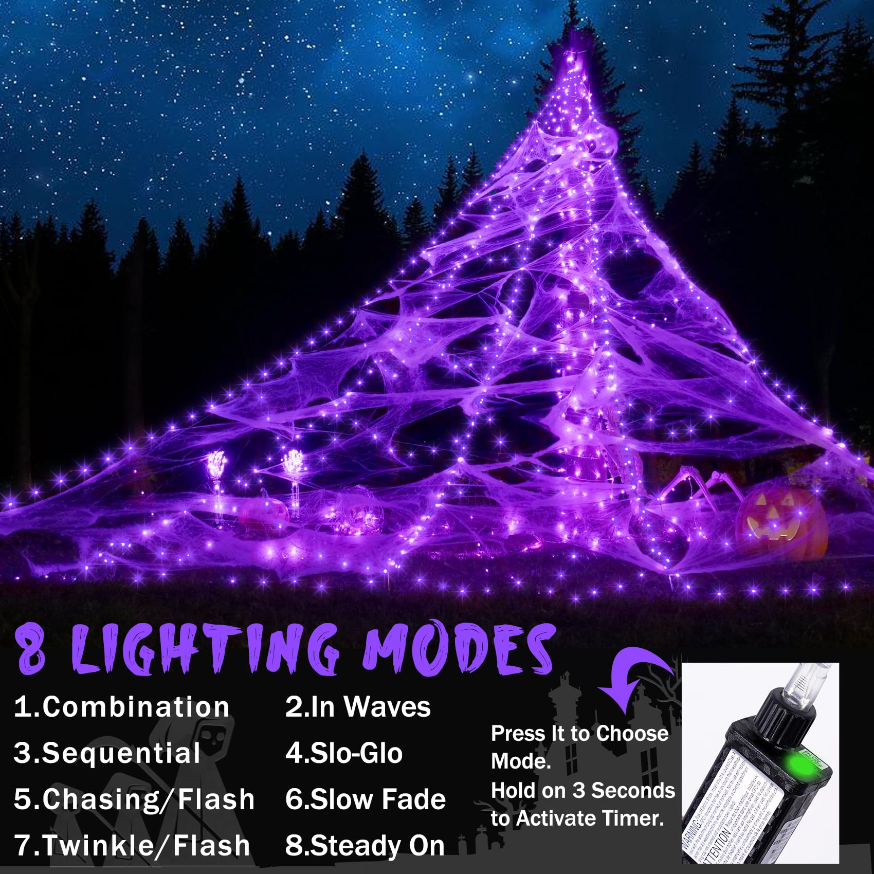 Spider Web Lights for Halloween Decorations Outdoor - 455 LEDs, 8 Lighting Modes, 16.4 Ft Light Up Giant Spider Web (Purple)