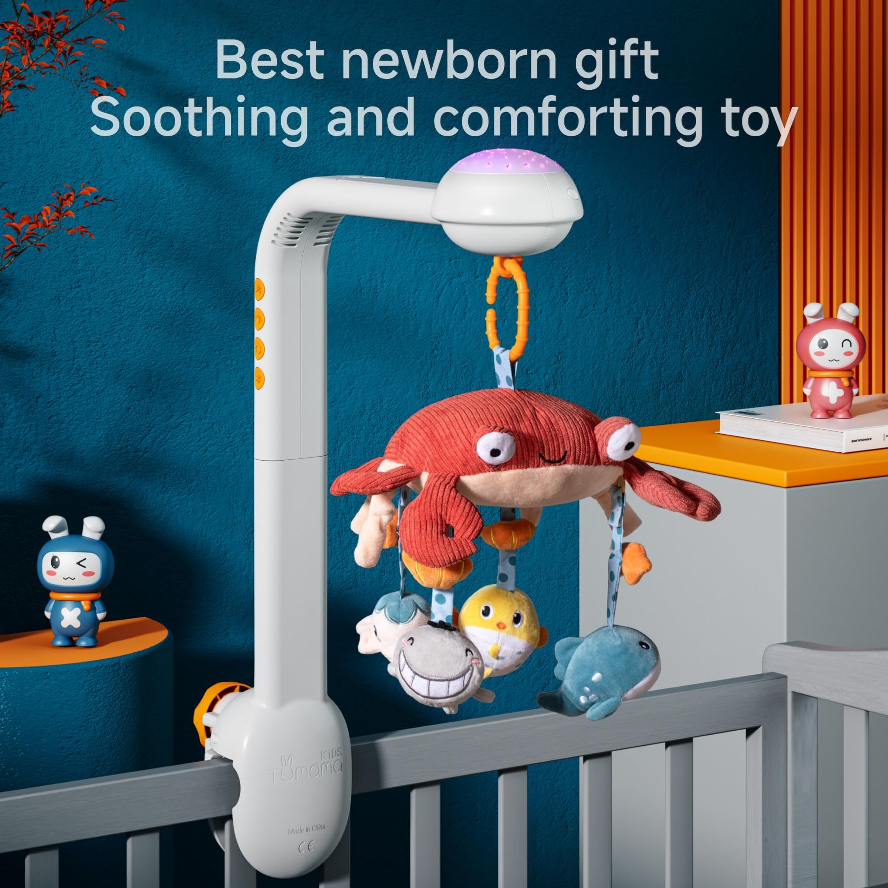 Tumama Baby Crib Mobile with Projection Night Light, Music and White Noise, Soft Plush Mirror Hanging Toys, Mute Spin Motor Nurs