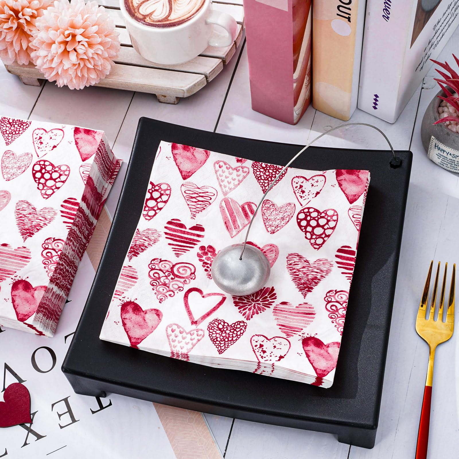 Anydesign 80Pcs Valentines Day Paper Napkins Watercolor Pink Heart Disposable Napkins Decorative Luncheon Dinner Hand Napkins Fo