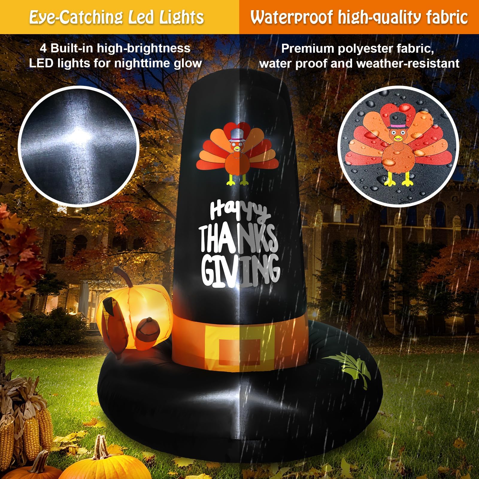 Inflatable Turkey Pilgrim Hat Lawn Decorations Thanksgiving Inflatable Outdoor Yard Decoration 6FT Giant Blow Up with LED Lights