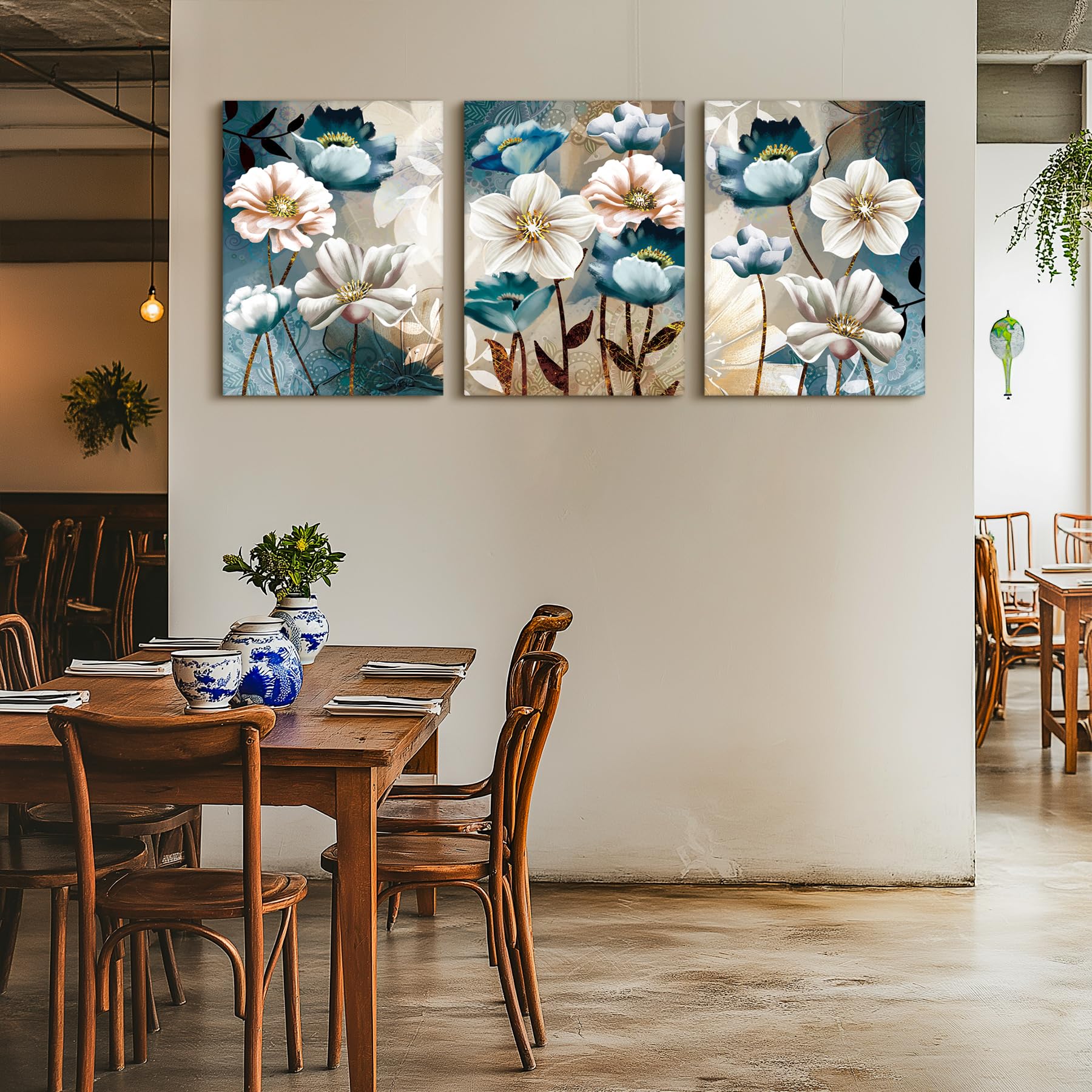 SERIMINO Lotus Flower Canvas Wall Decor Living Room White and Indigo Blue Floral Picture Wall Art for Dining Room Bedroom Bathroom Kitchen Prints Paintings for Home Decorations