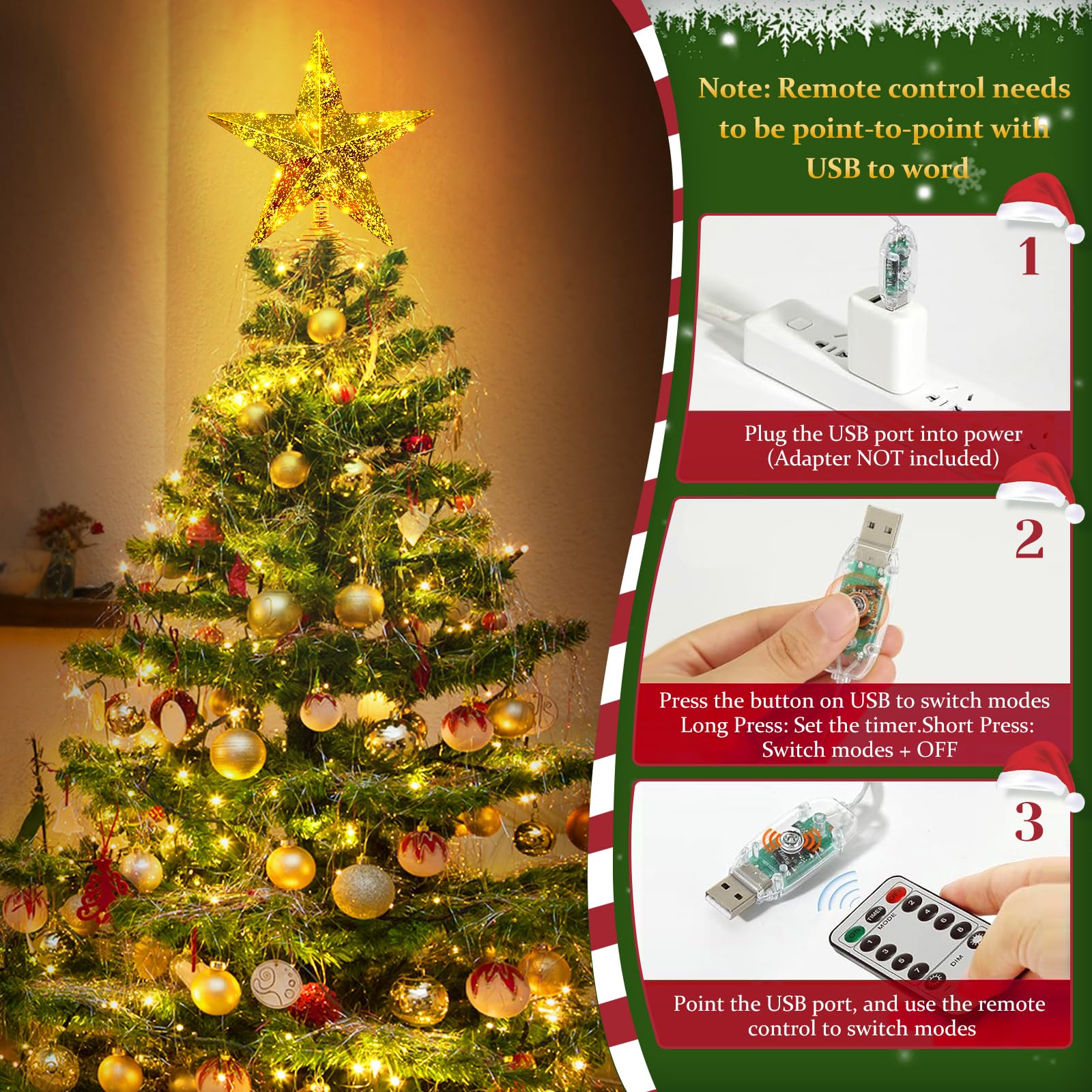 Gold Christmas Tree Star Topper with Lights, 8.5-Inch Light-Up Christmas Tree Topper with Remote Control, 4 Brightness Levels &