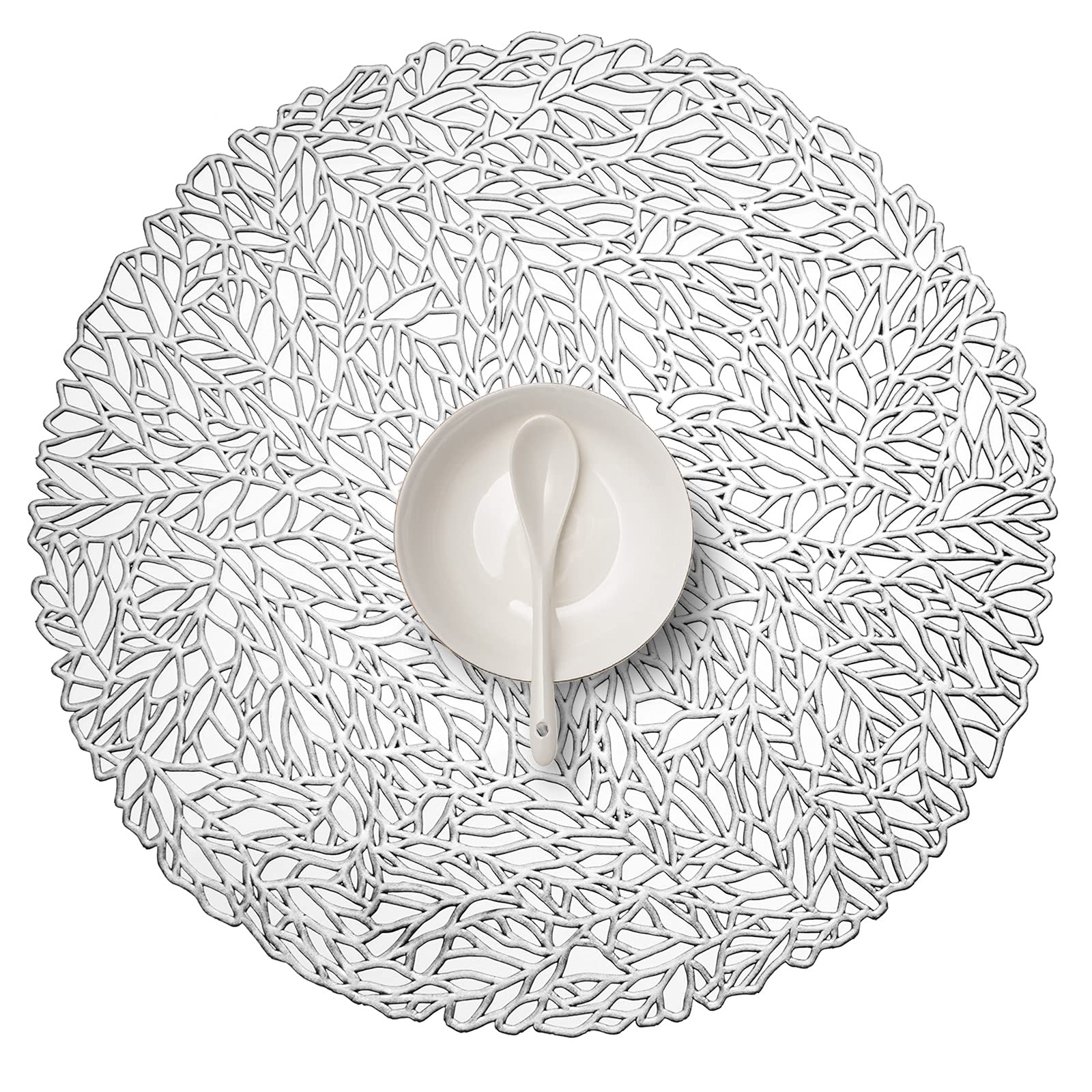 Funwheat Round Metallic Sliver Vinyl Placemats Set Of 6 15 Inches Hollow Out Placemats Heat-Resistant Place Mats Shining Table M