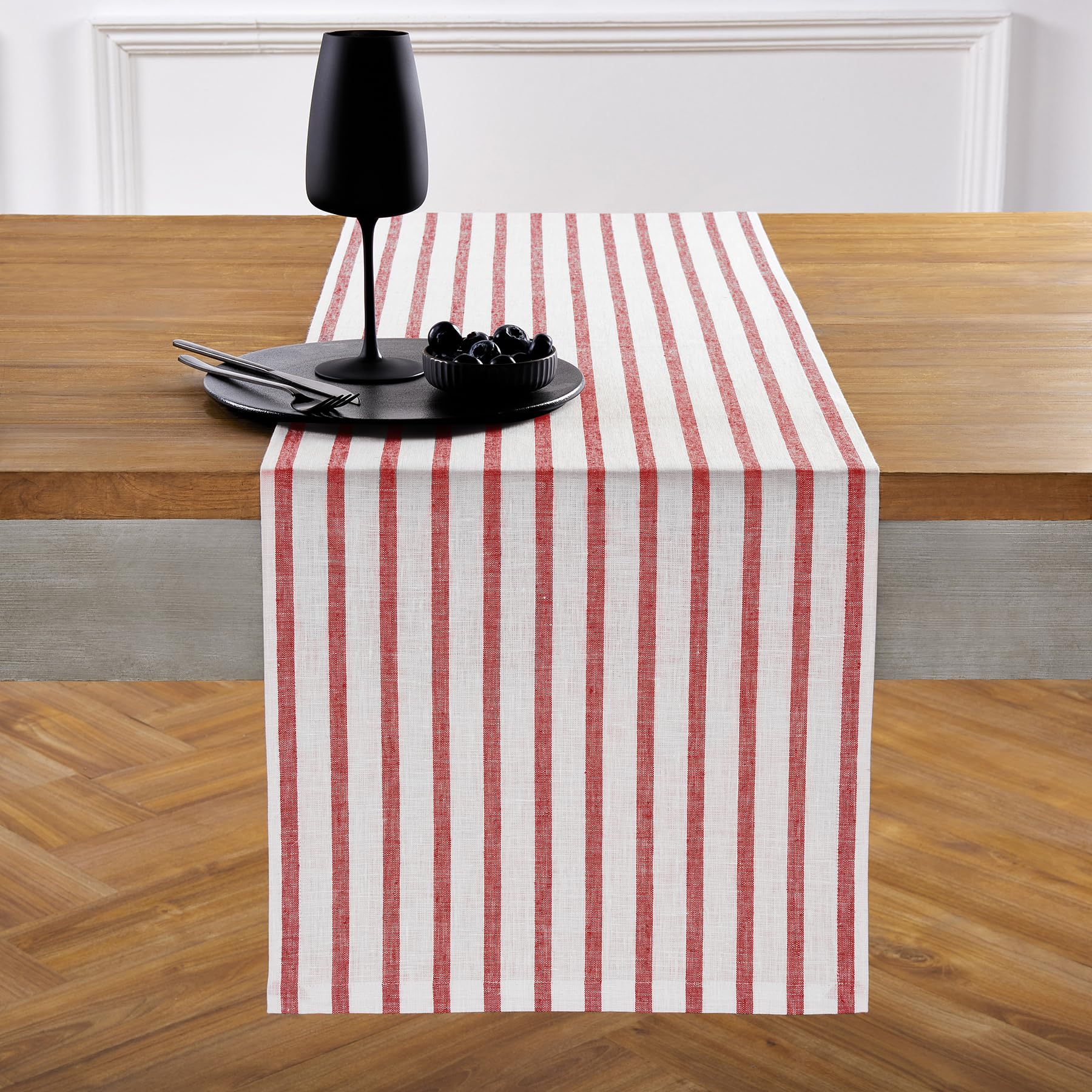 Solino Home Stripe Linen Table Runner 36 Inch - 100% Pure Linen Red And White Short Table Runner 14 X 36 Inch Ideal For Dresser