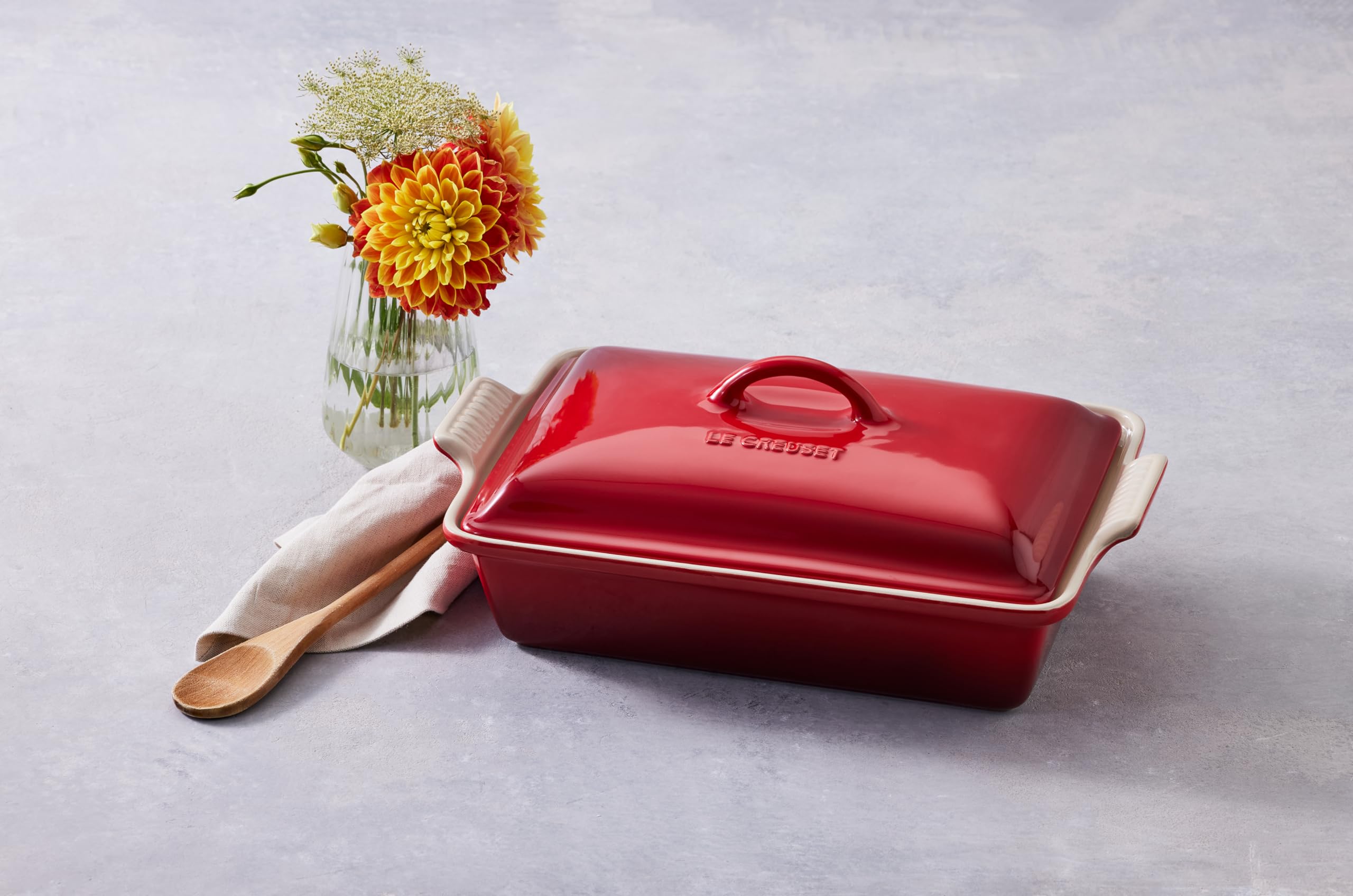 Le Creuset Stoneware Heritage Covered Rectangular Casserole, 4 Qt. (12'' X 9''), Cerise