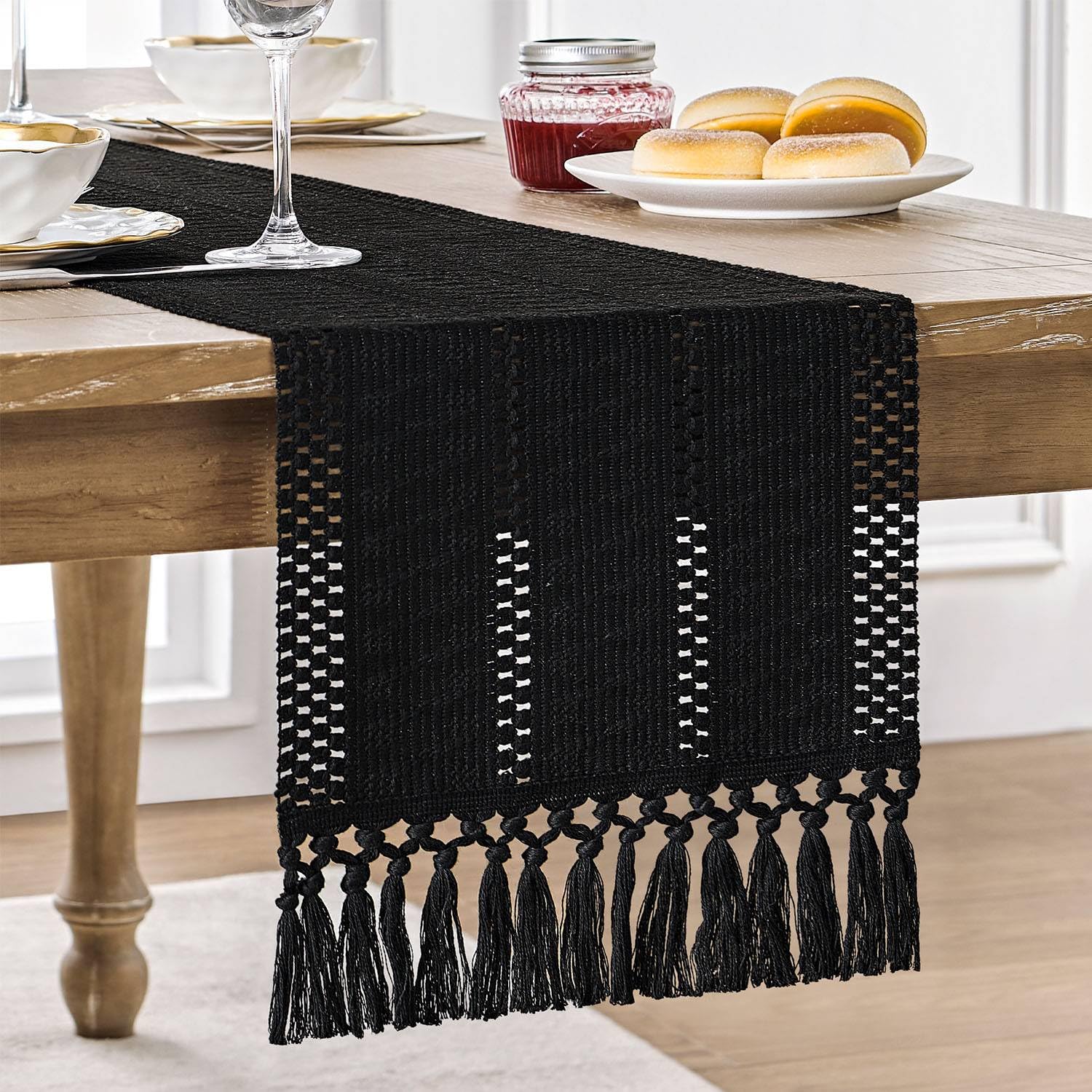 Zeemart Macrame Style Boho Table Runner, Black Table Runners 90 Inches Long, Farmhouse Woven Home Decor, 12X90 Inch, Black