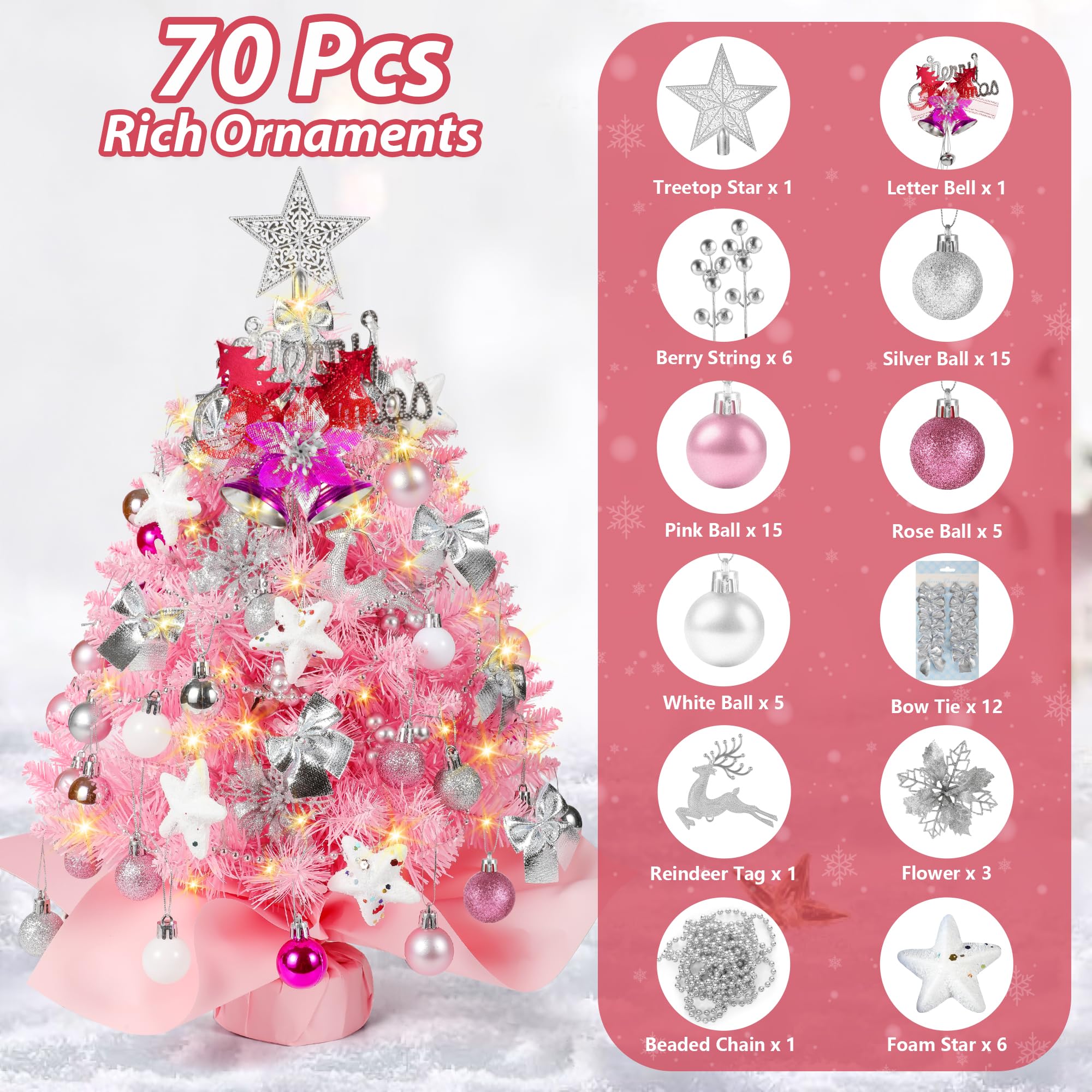 Pink Christmas Tree, 2FT Mini Artificial Christmas Trees, 100 Lifelike Branches, 60 Twinkle LED Lights, 70 Ornaments, 24 Inches