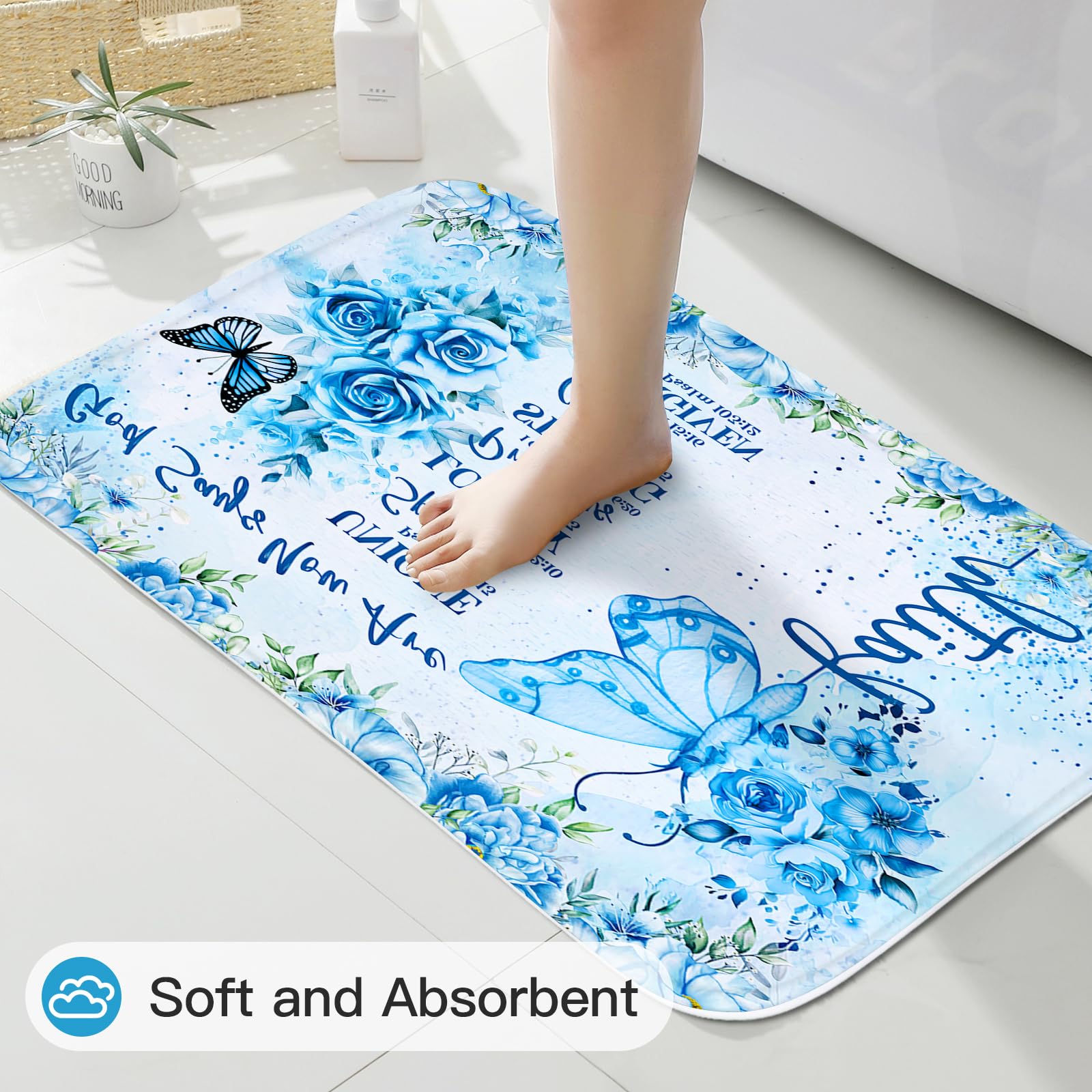 Litabel 4 Pcs Blue Butterfly Inspirational Quotes Shower Curtain Set With Rugs And Toilet Lid Cover, Colorful Boho Waterproof Fa