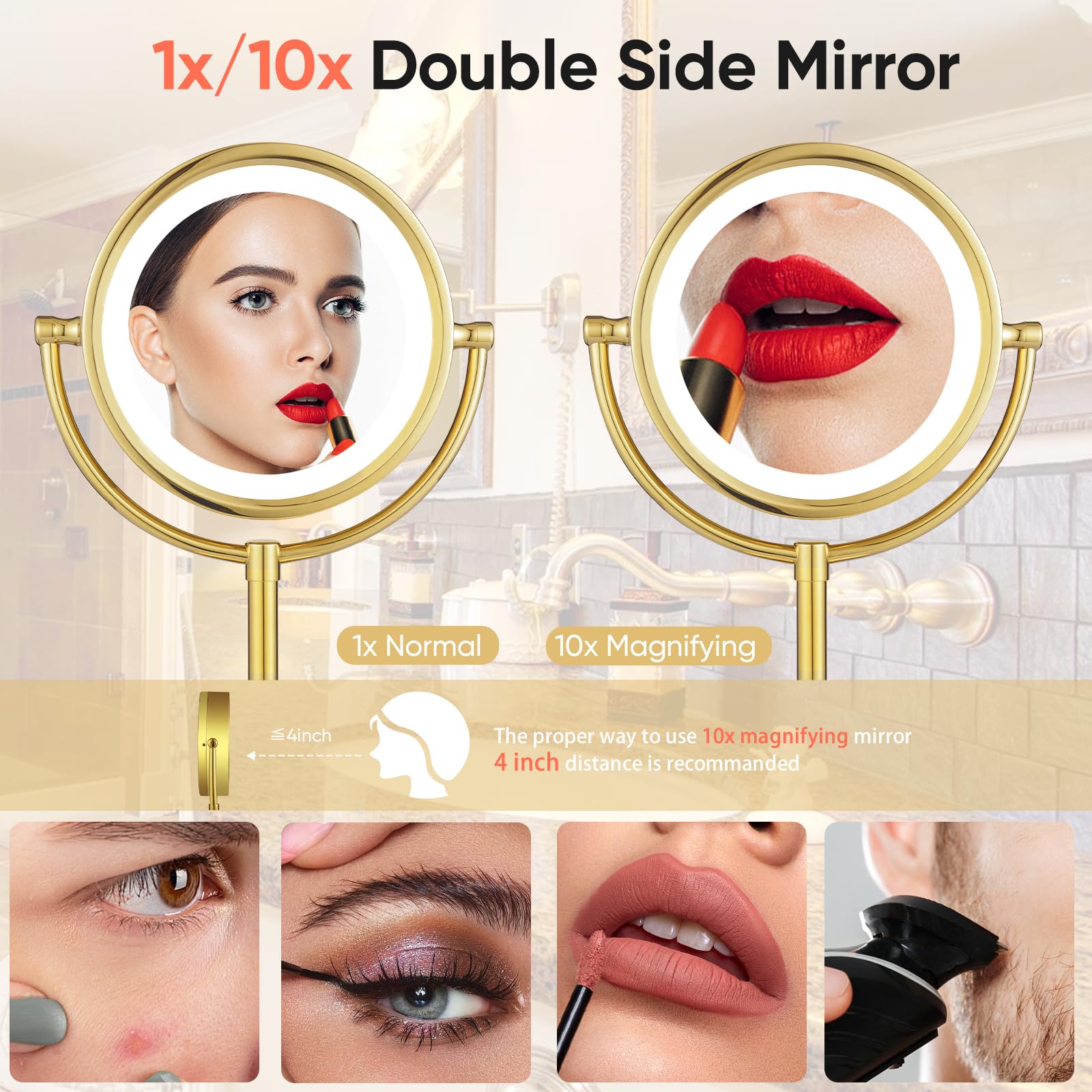 Gurun 8.5 Inch Rechargeable Led Lighted Tabletop Makeup Mirror With 10X Magnification Dimmable 3 Colors Touch Control 4500Mah Do