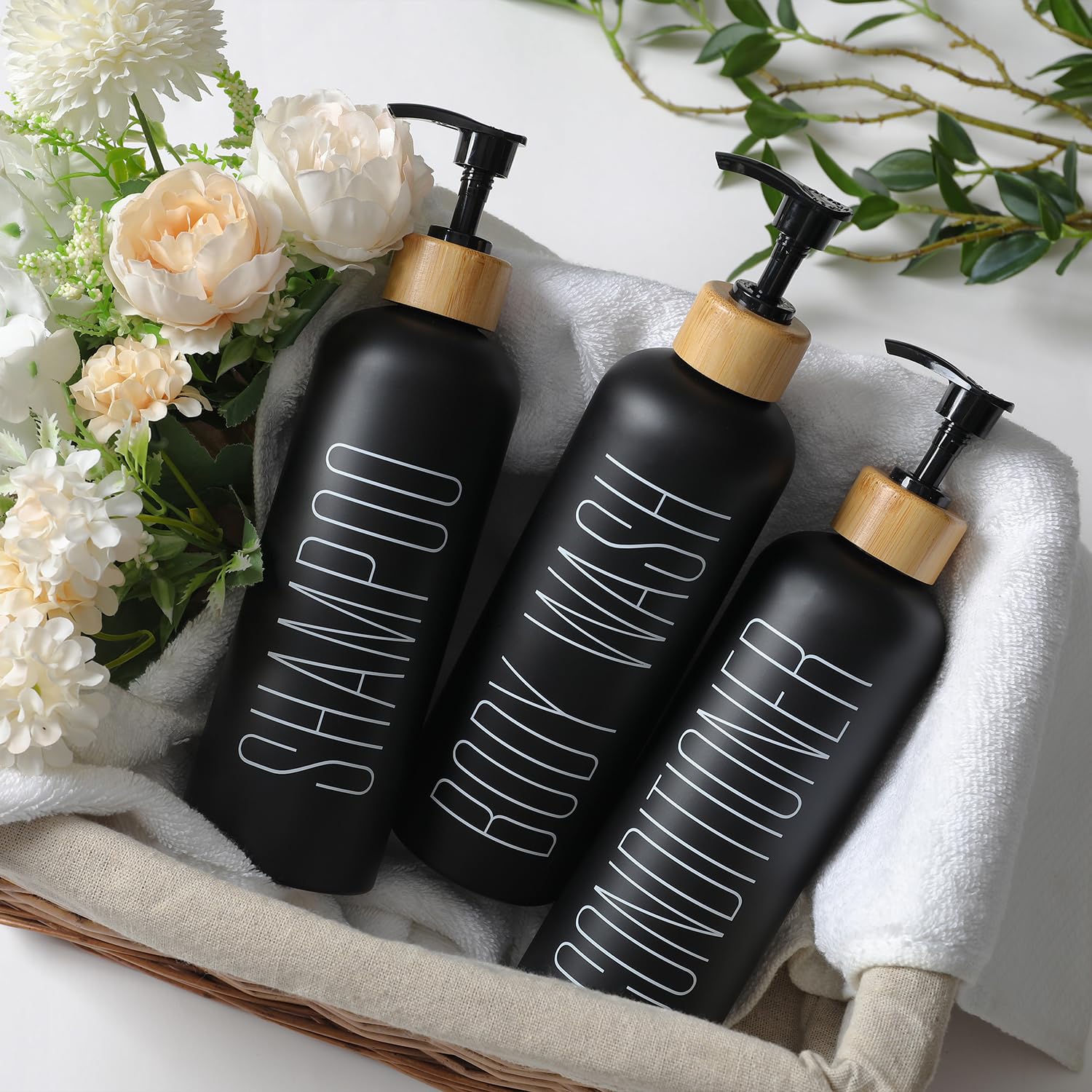 Homcdaly 16Oz 3-Pack Refillable Black Bathroom Shower Set - Empty Bottles With Pump For Shampoo, Conditioner, Or Body Wash