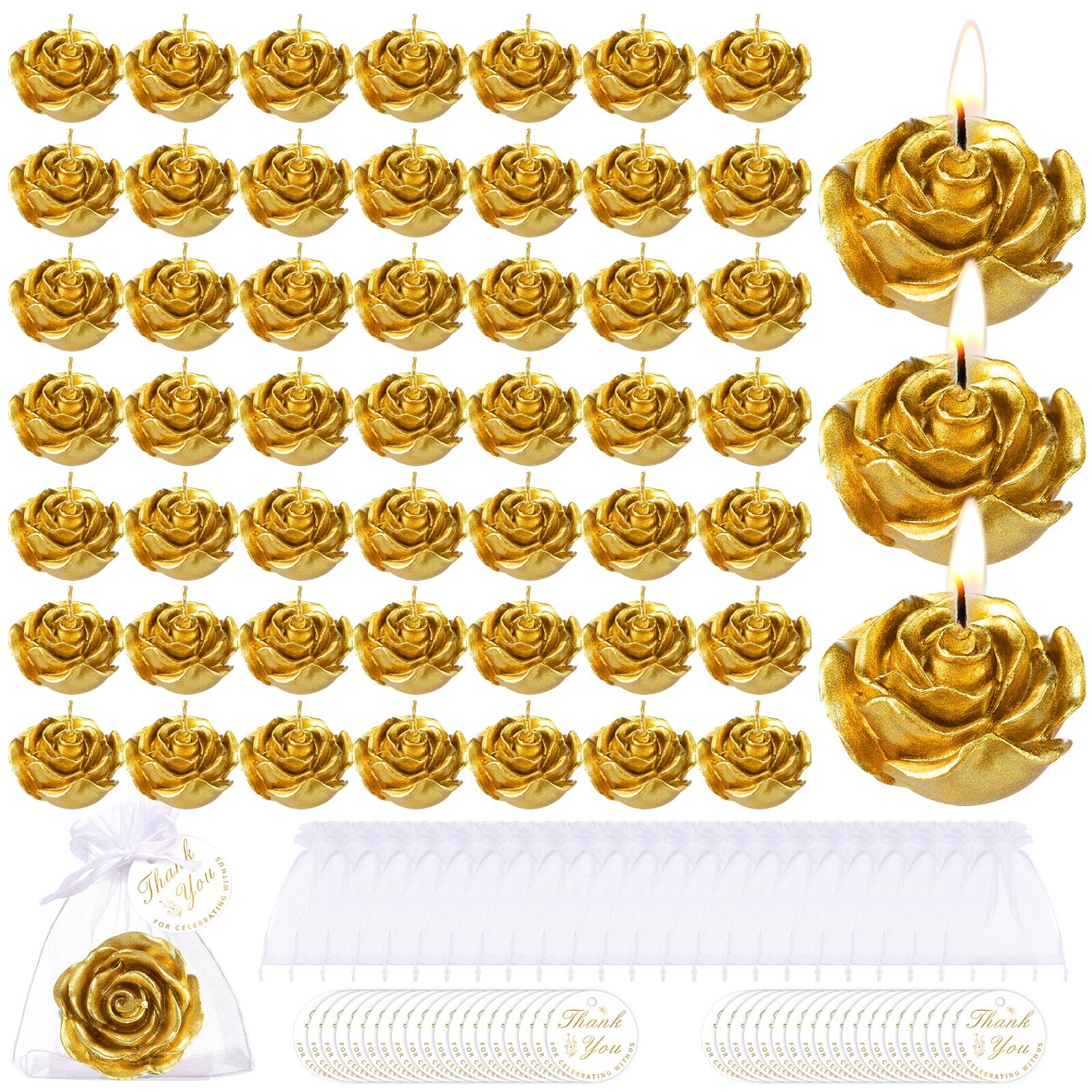 Treela 50 Set Flower Candles Wedding Favor for Guests Mini Gold Rose Shaped Tealight Candles for Return Gift Wedding Birthday Br