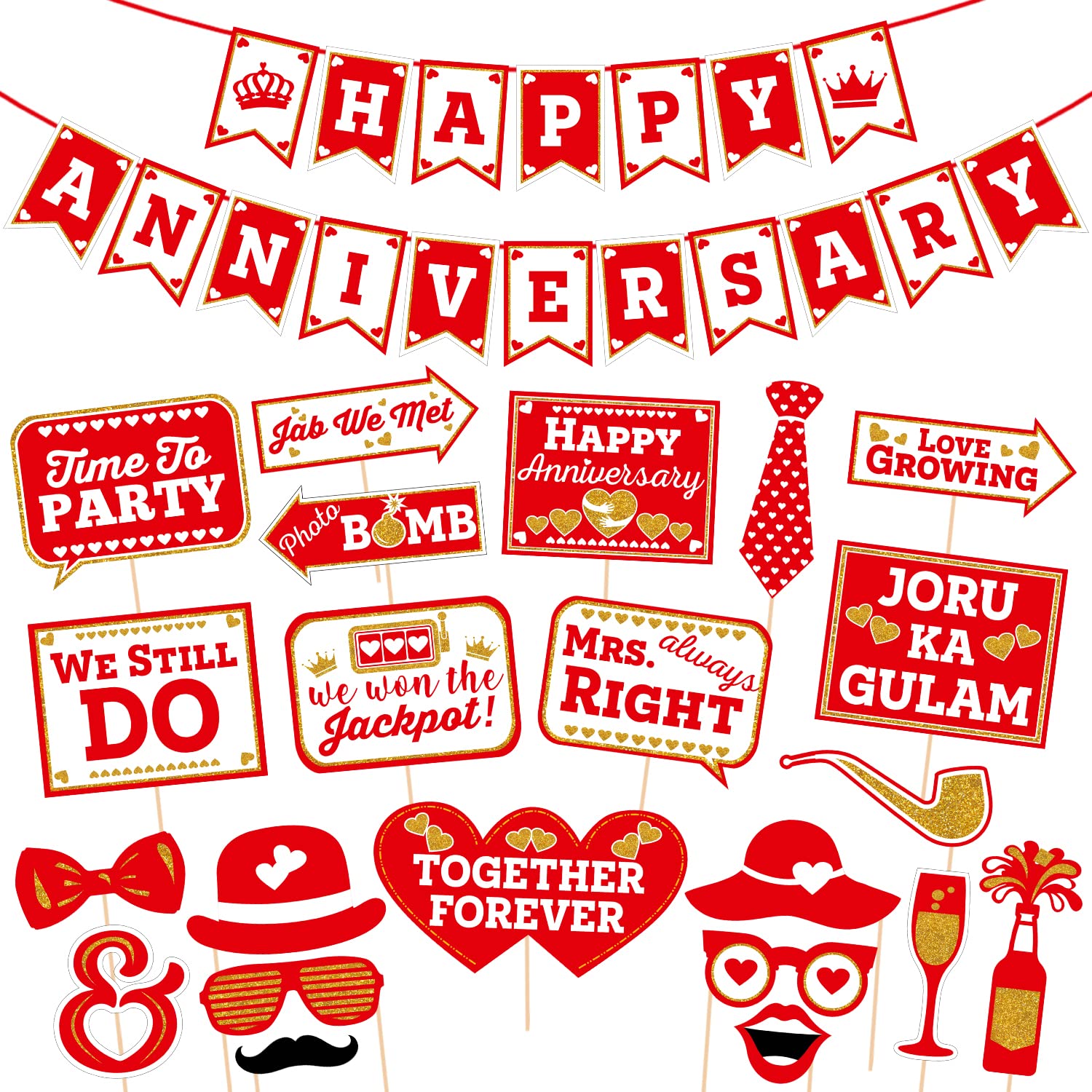Zyozique Anniversary Photo Booth Props Kit 1 Set Happy Anniversary Paper Banner and 22 pcs Photo Booth Props/Anniversary Party 