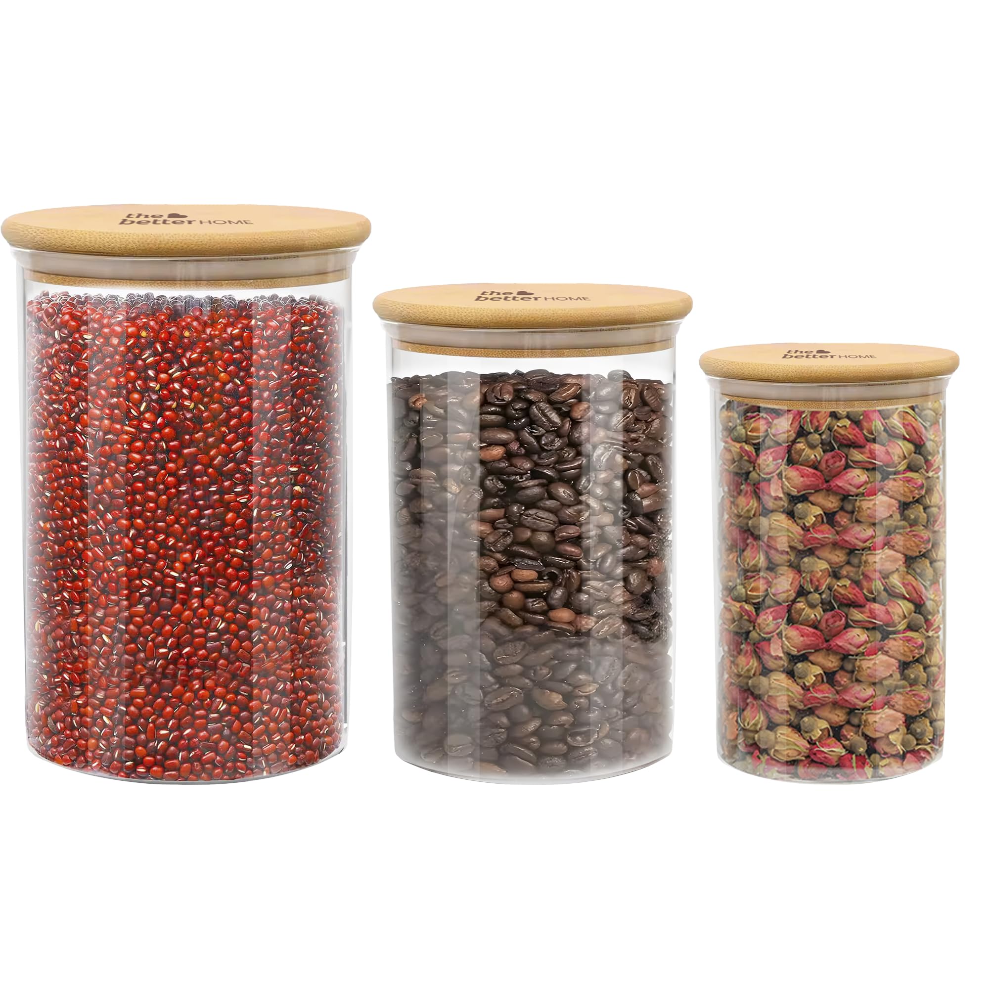 The Better Home Pack Of 3 Borosilicate Glass Jars With Bamboo Lid I Transparent Airtight Borosilicate Kitchen Containers Set | G