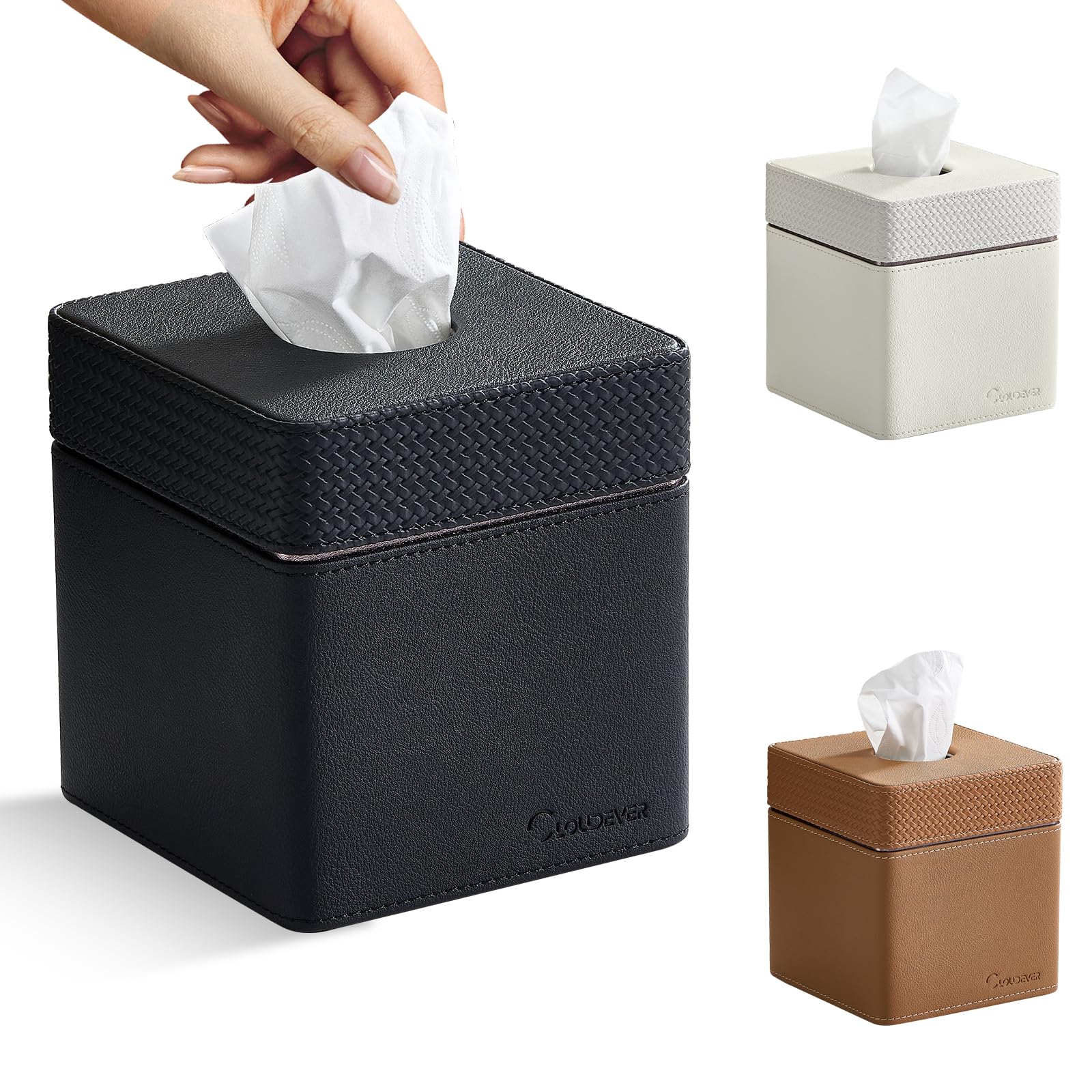 Cloudever Tissue Box Holder Cover, Modern Pu Leather Square Decorative Tissue Holder Organizer-Woven New Black