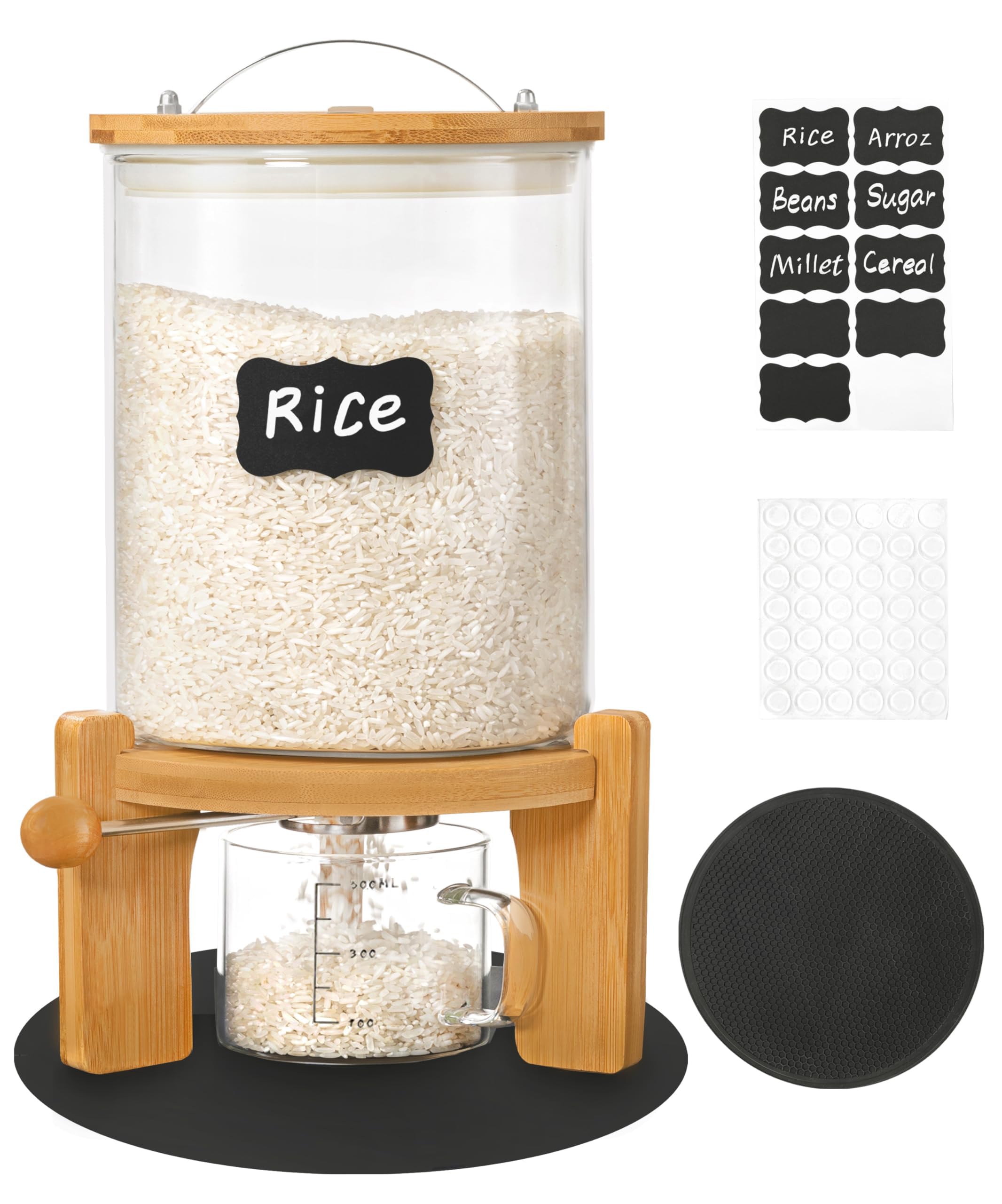 Famyards 5 Lbs Glass Rice Dispenser With Wooden Stand Flour And Cereal Container With Glass Measuring Cup & Labels & Slider Mat 